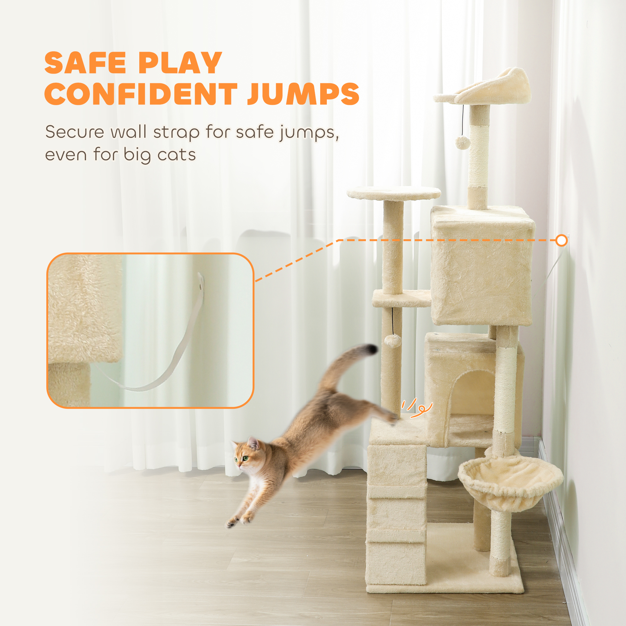 63 Inch Cat Tree with Sisal Scratching Posts, Condos, Plush Perches, Hammock, Ladder, Dangling Balls, Beige