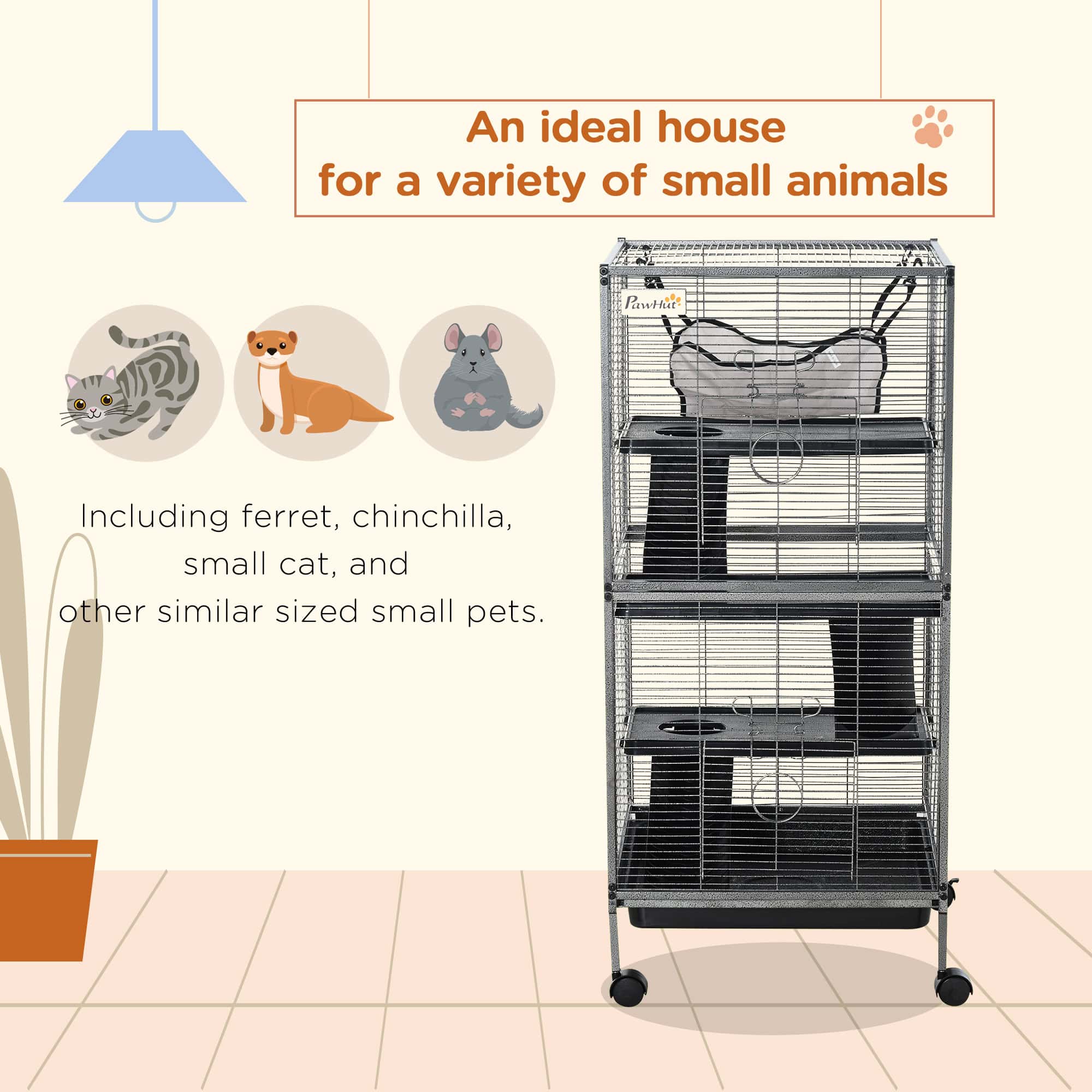 4-Tier Rolling Small Animal Cage, Deluxe Ferret Cage for Mink Chinchilla Kitten Rabbit