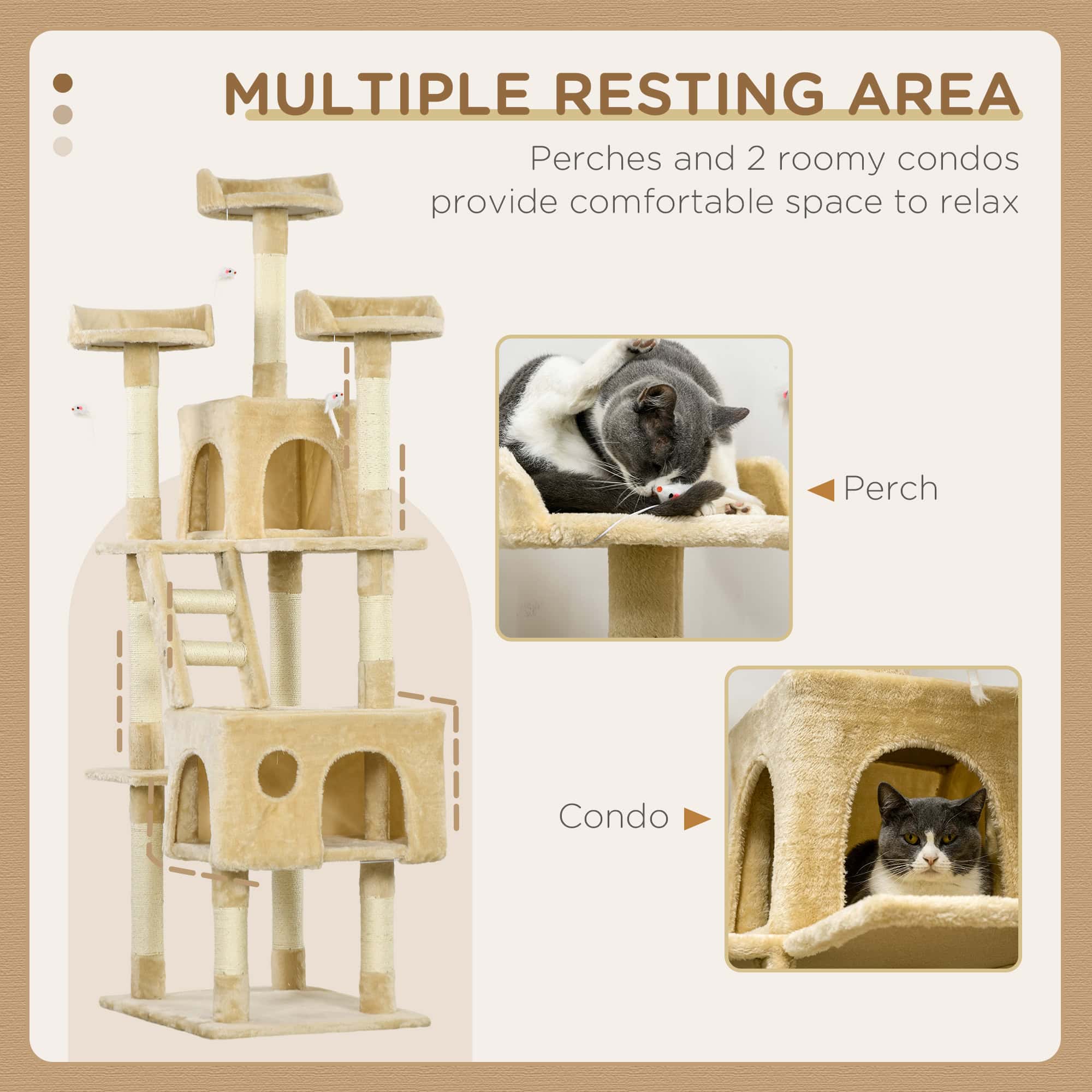 71-Inch Multi Level Scratching Cat Tree Kitty Condo Activity Center with Toys, Beige