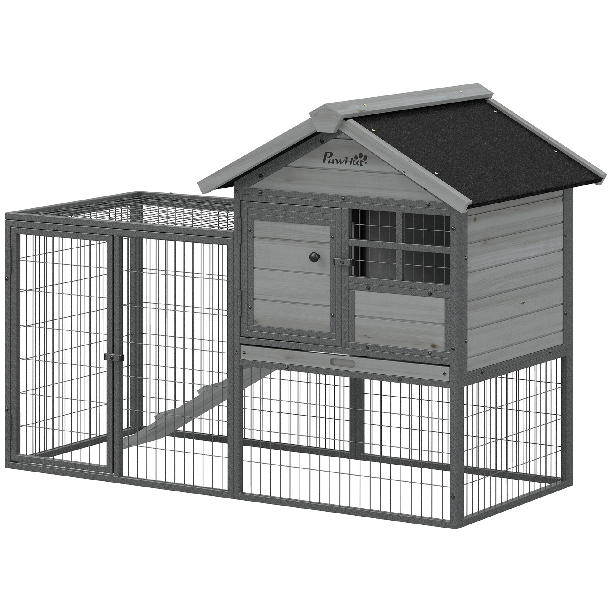 Rabbit Hutch Outdoor, 48"L Large Wooden Bunny Cage with Run, Grey - Image 2