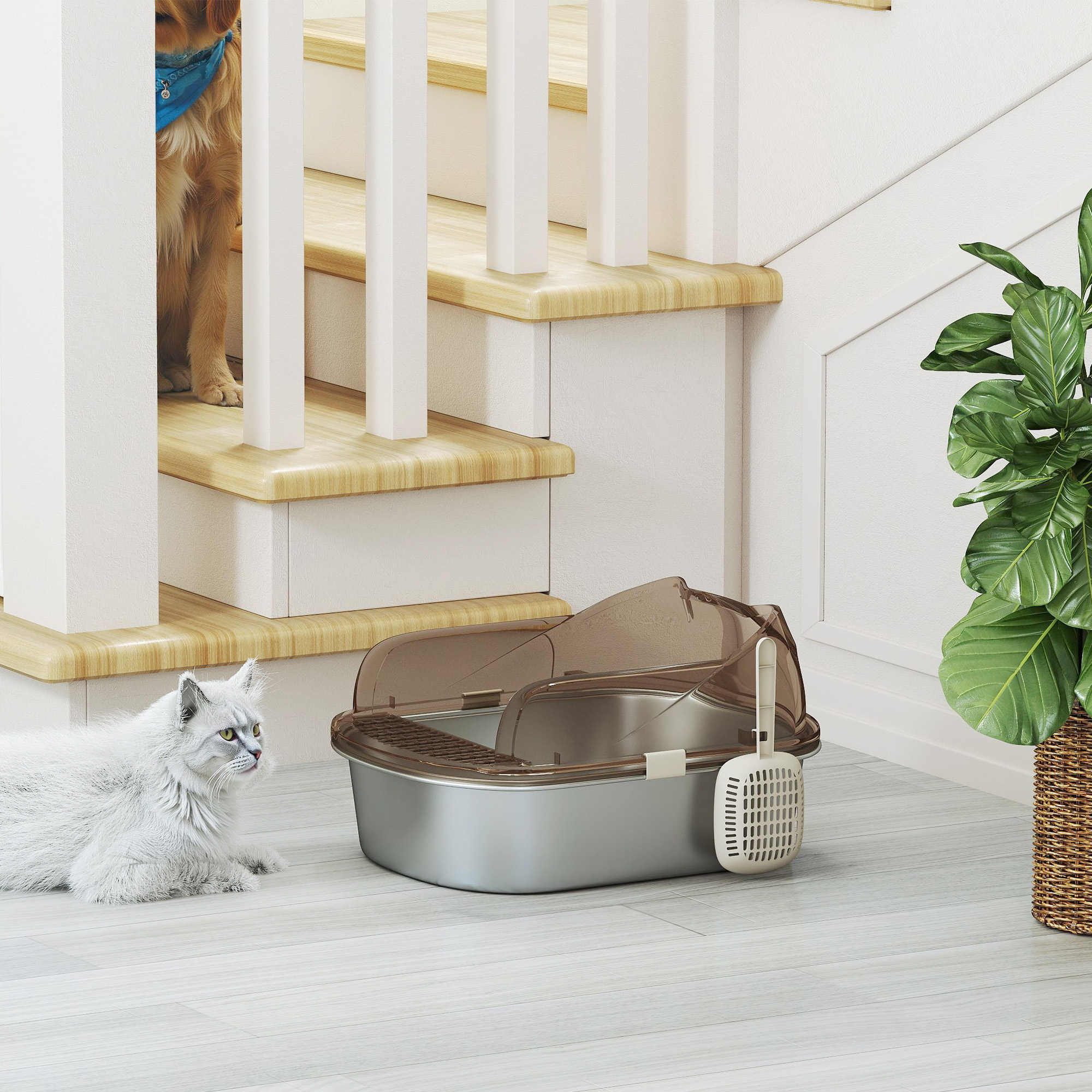 Stainless Steel Cat Litter Box with High Sided Enclosure, Scoop, Non-Sticky & Anti-Urine Leakage, Easy Cleaning