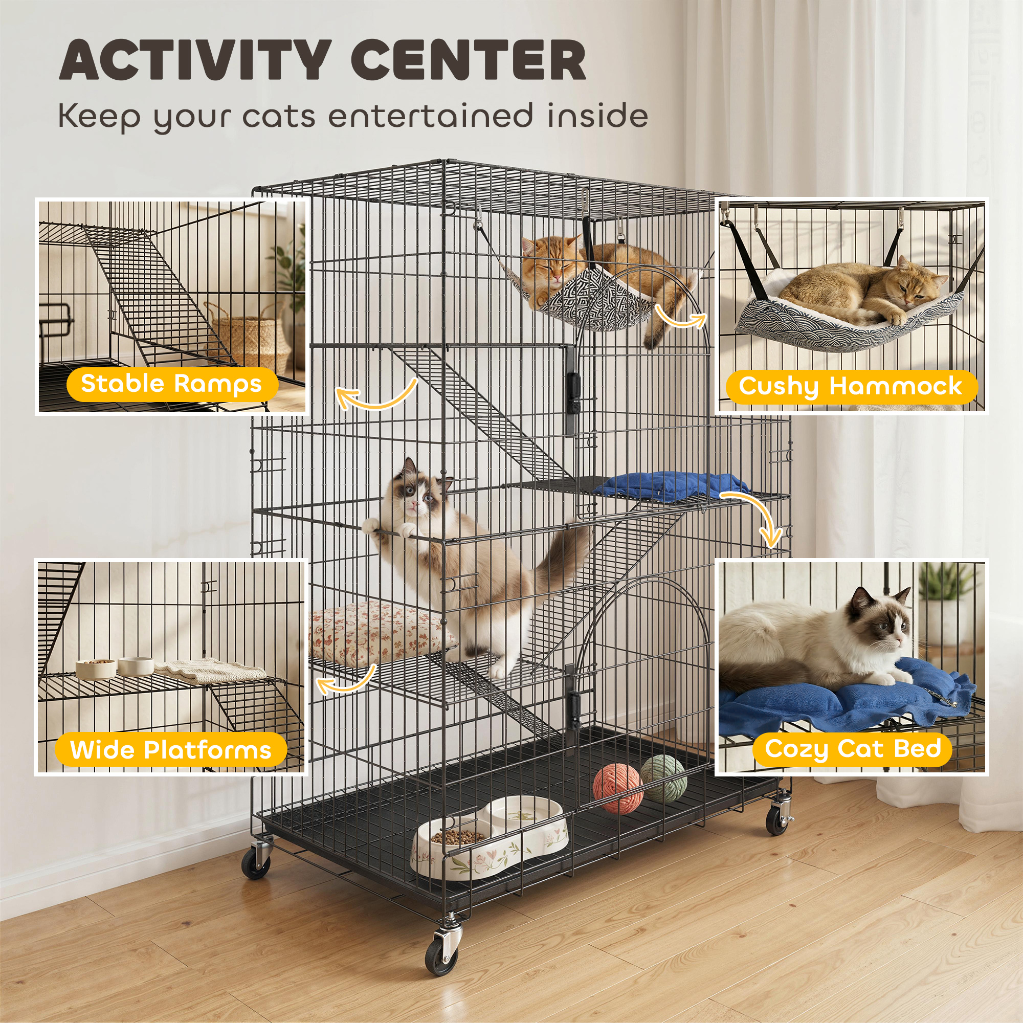4-Tier Cat Cage, Large Cat Enclosure with Lockable Wheels, Tray, Hammock, Bed, 3 Ramp, 3 Platforms for 3-5 Kittens