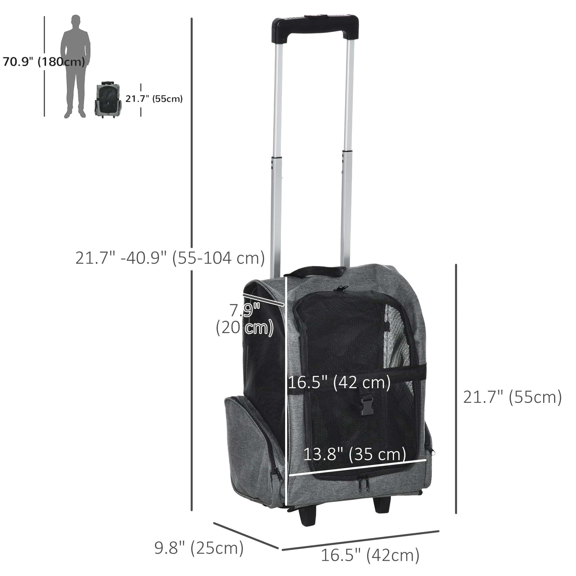 2-IN-1 Pet Luggage Box Backpack Carrier Cats Dogs w/ Handle, Rolling Wheel Grey - Image 3