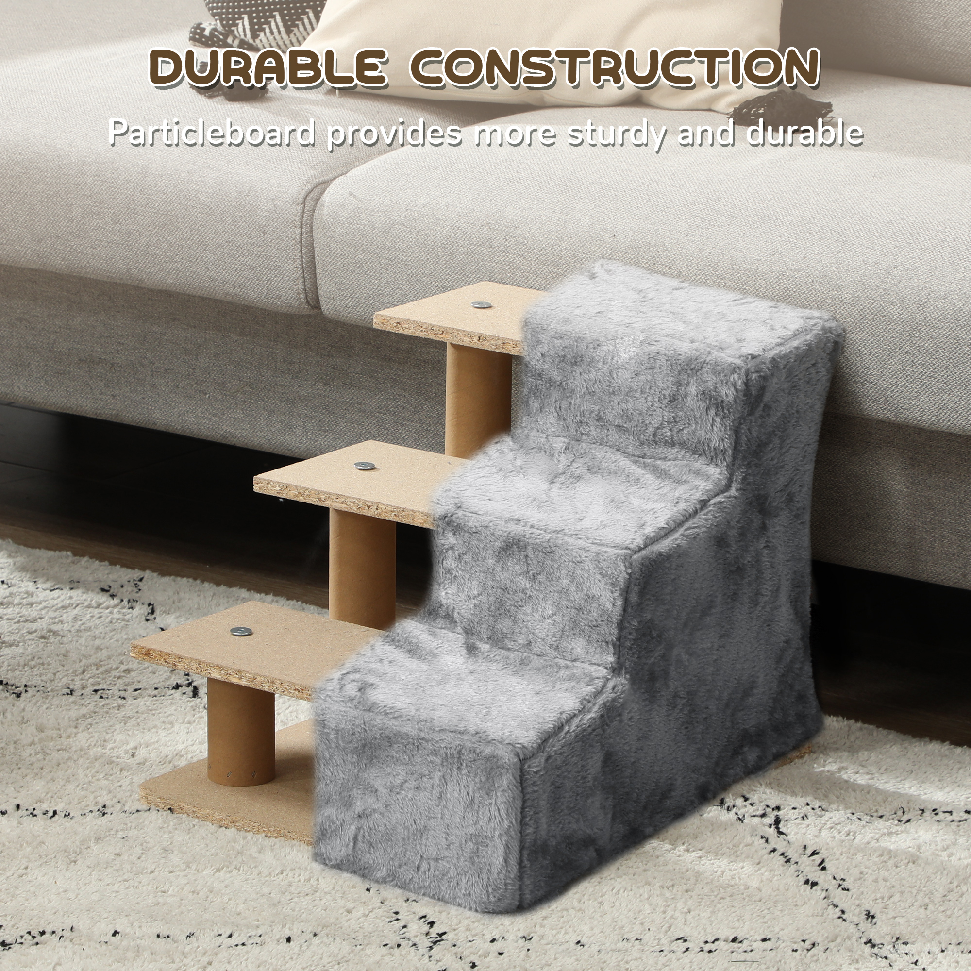 3-Step Dog Ramp for Sofa, Bed, and Couch, with Removable Cover, Light Grey