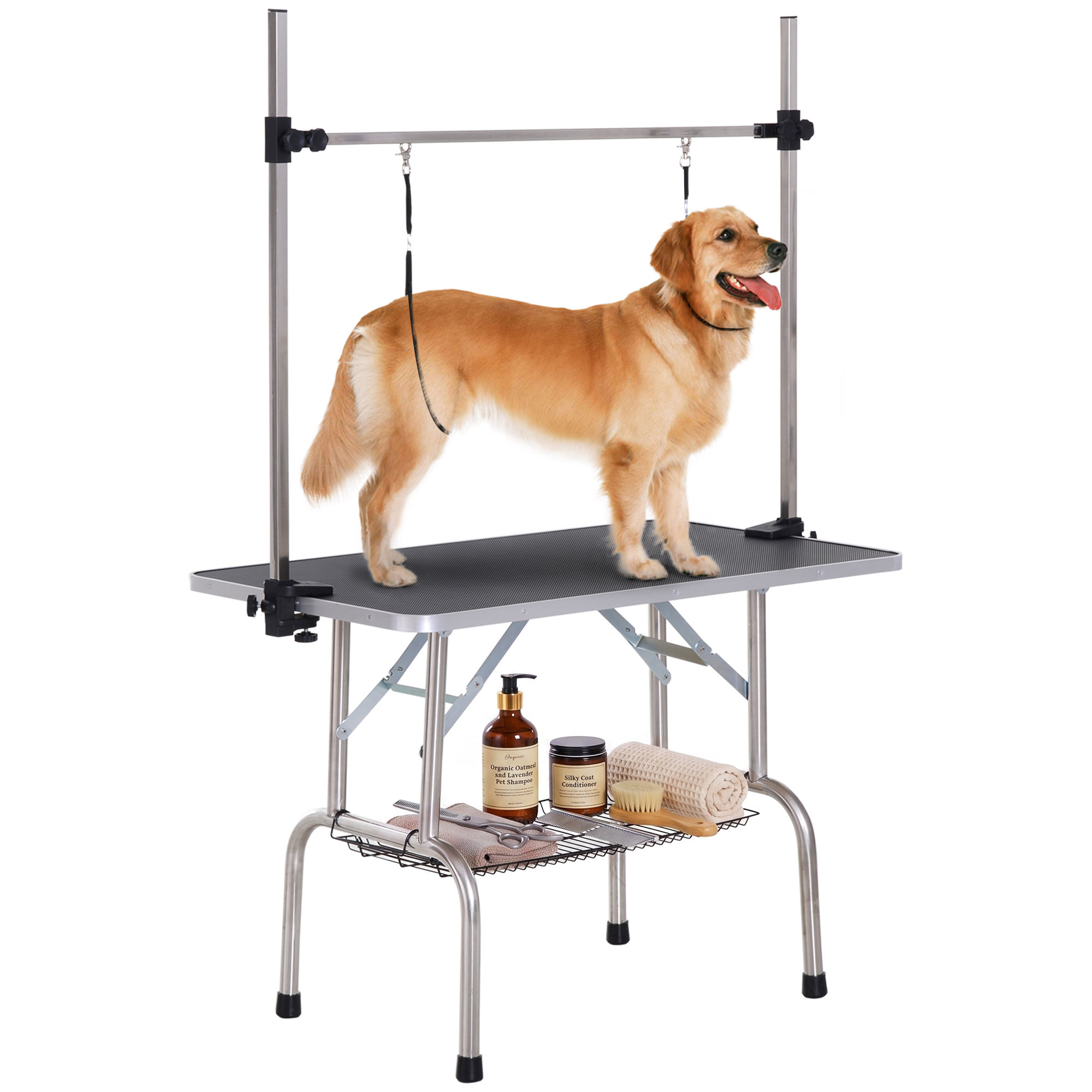 Adjustable Dog Grooming Table with 2 Safety Slings, Storage Basket, Black