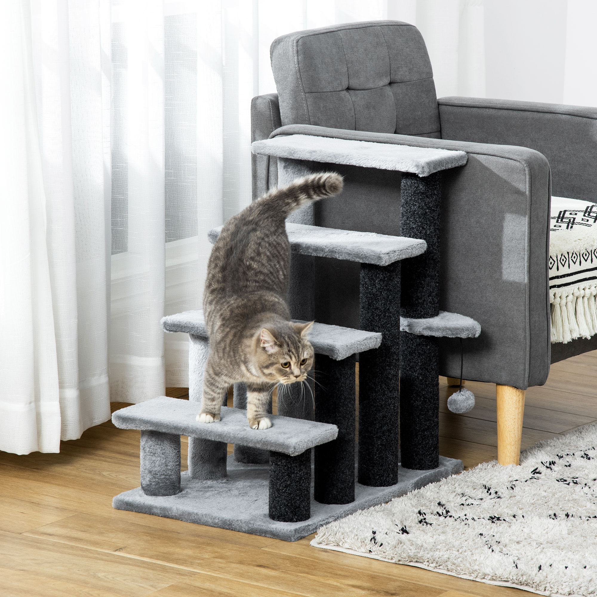 Cat Stairs for Bed, Couch 4 Steps, Small Cat Tree for Indoor Cats with Scratching Posts Toy Ball, 23.5" x 16" x 25"