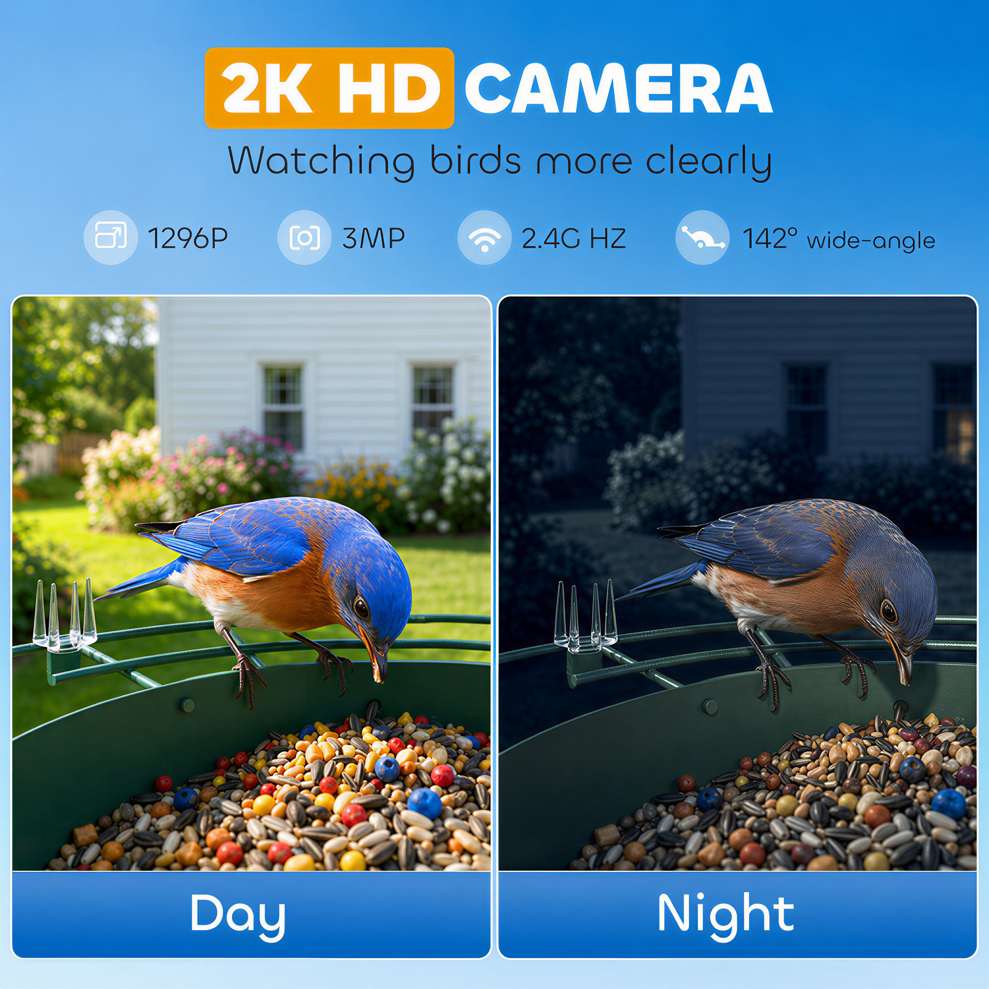 Smart Bird Feeder Camera Solar Powered with AI Identify 16000+ Birds, Auto Video Capture, Motion Detection
