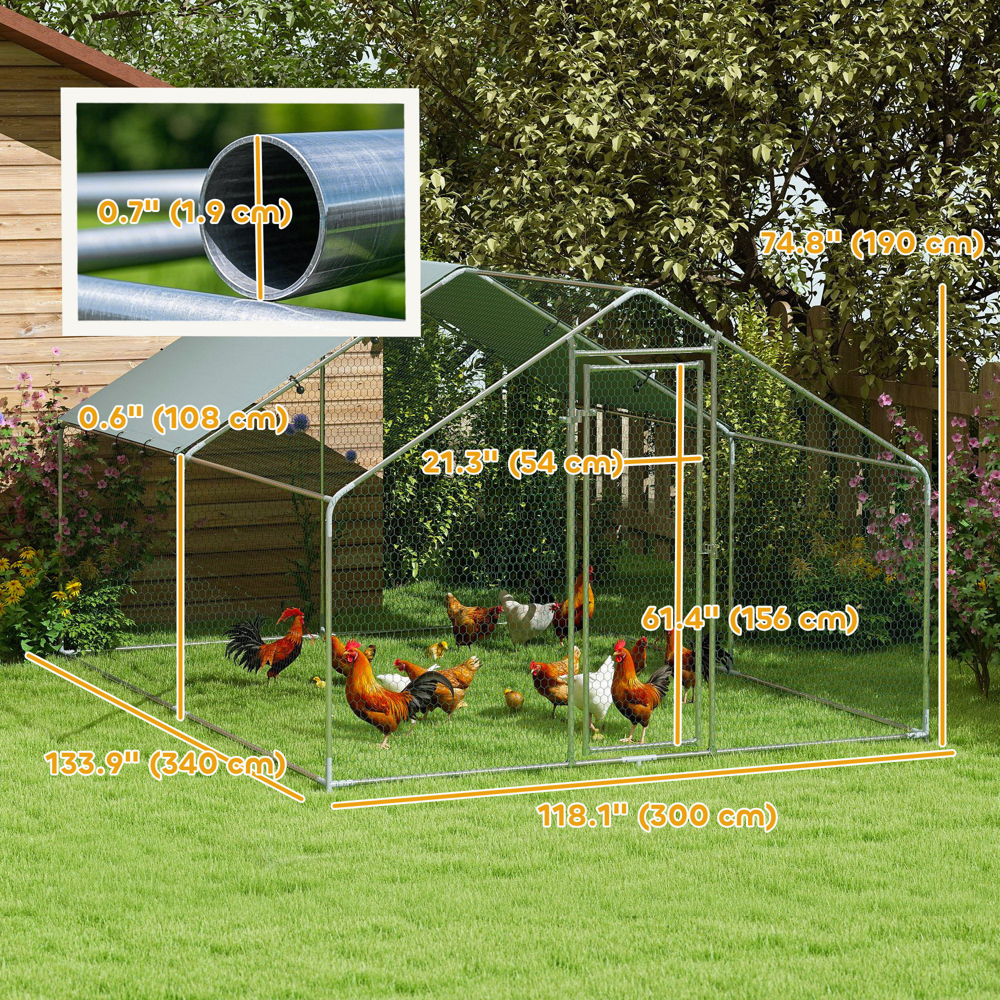 Metal Chicken Coop, 9.8 x 11.2 FT Walk-in Chicken Run with Cover, Lockable Door, Outdoor Poultry Cage for 10-15 Chickens