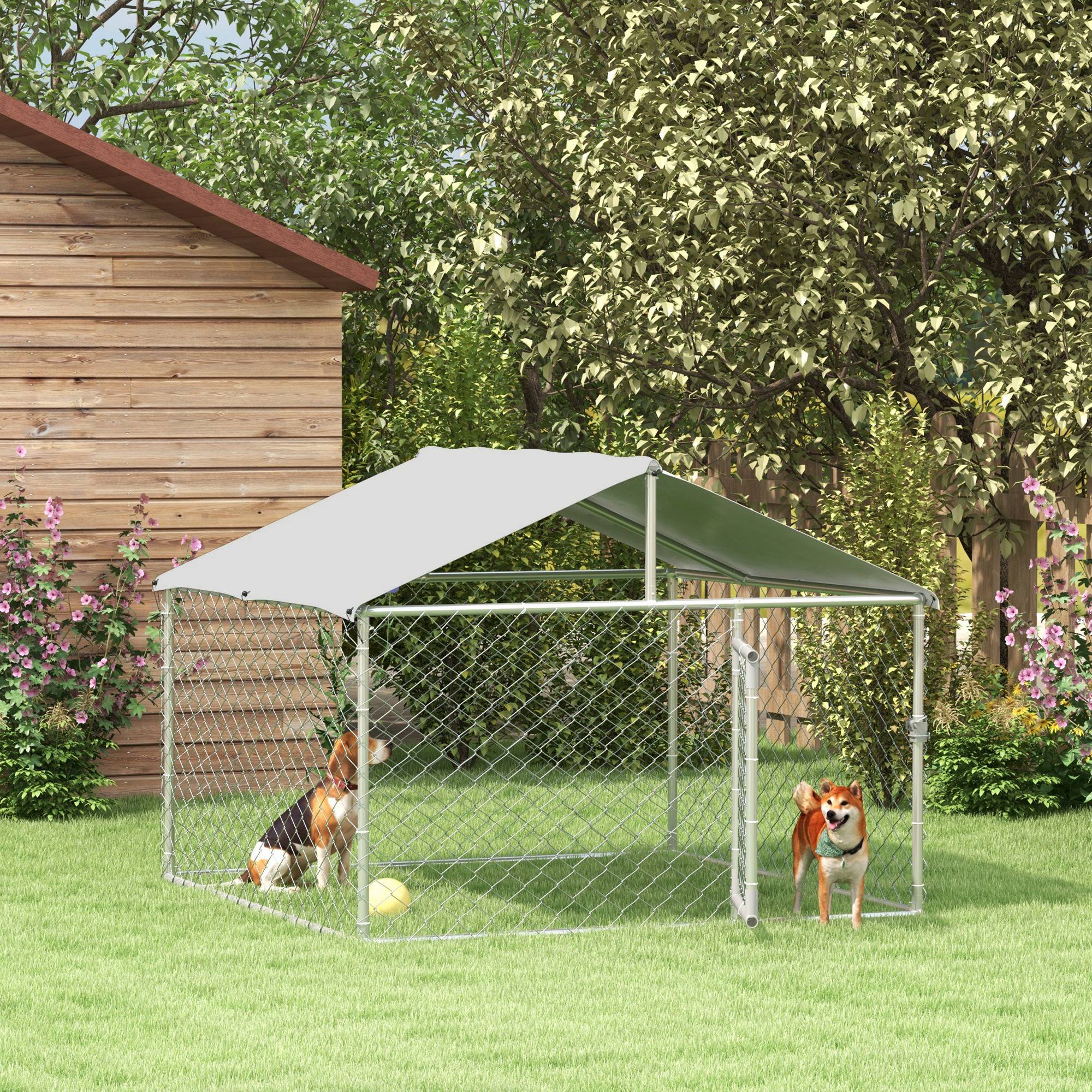 6.6' x 6.6' x 4.9' Outdoor Dog Kennel Heavy Duty Galvanized Steel Chain Link with UV-resistant Roof, Silver