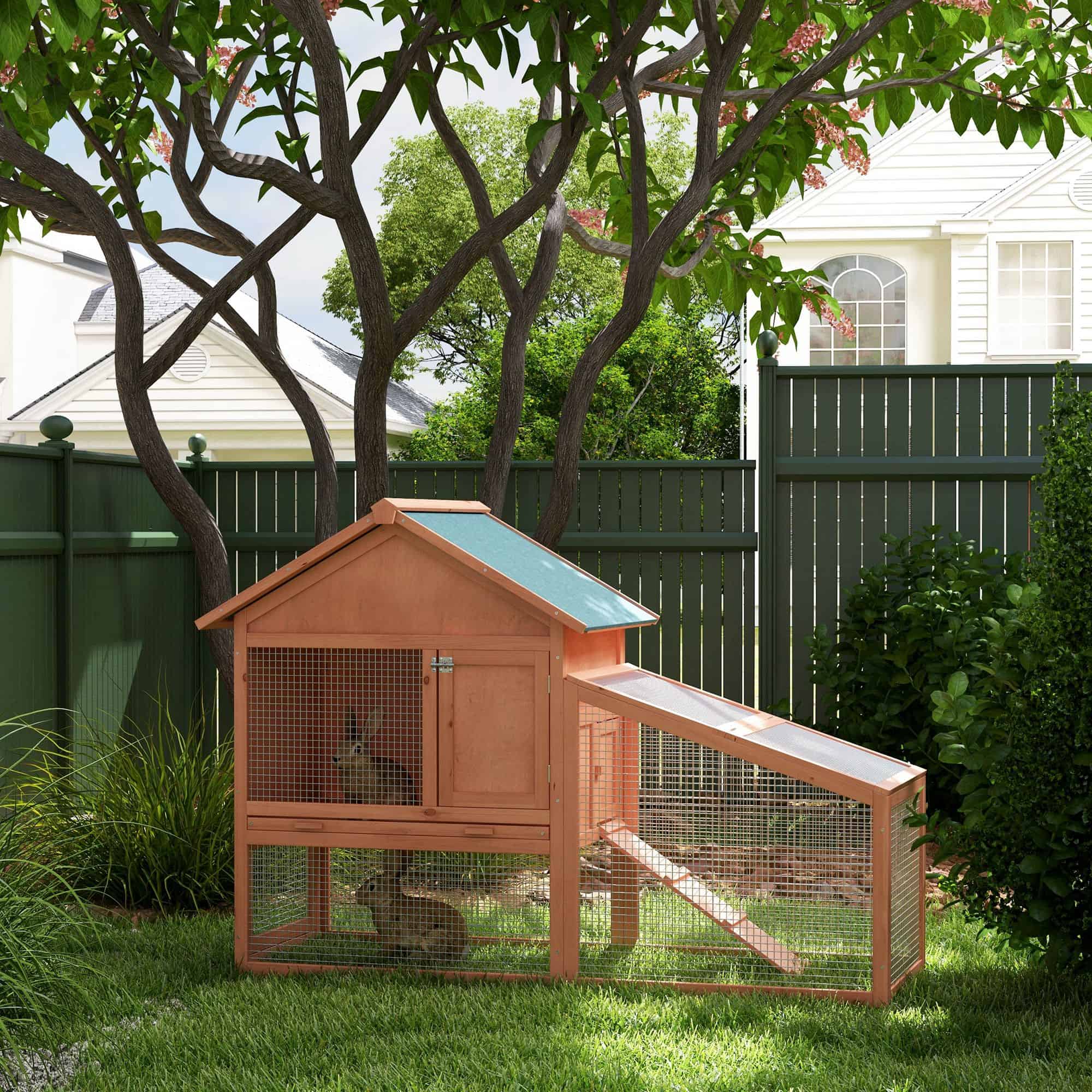 2 Tier Rabbit Hutch Outdoor Bunny House Guinea Pig Cage with Removable Tray, Ramp, Asphalt Roof