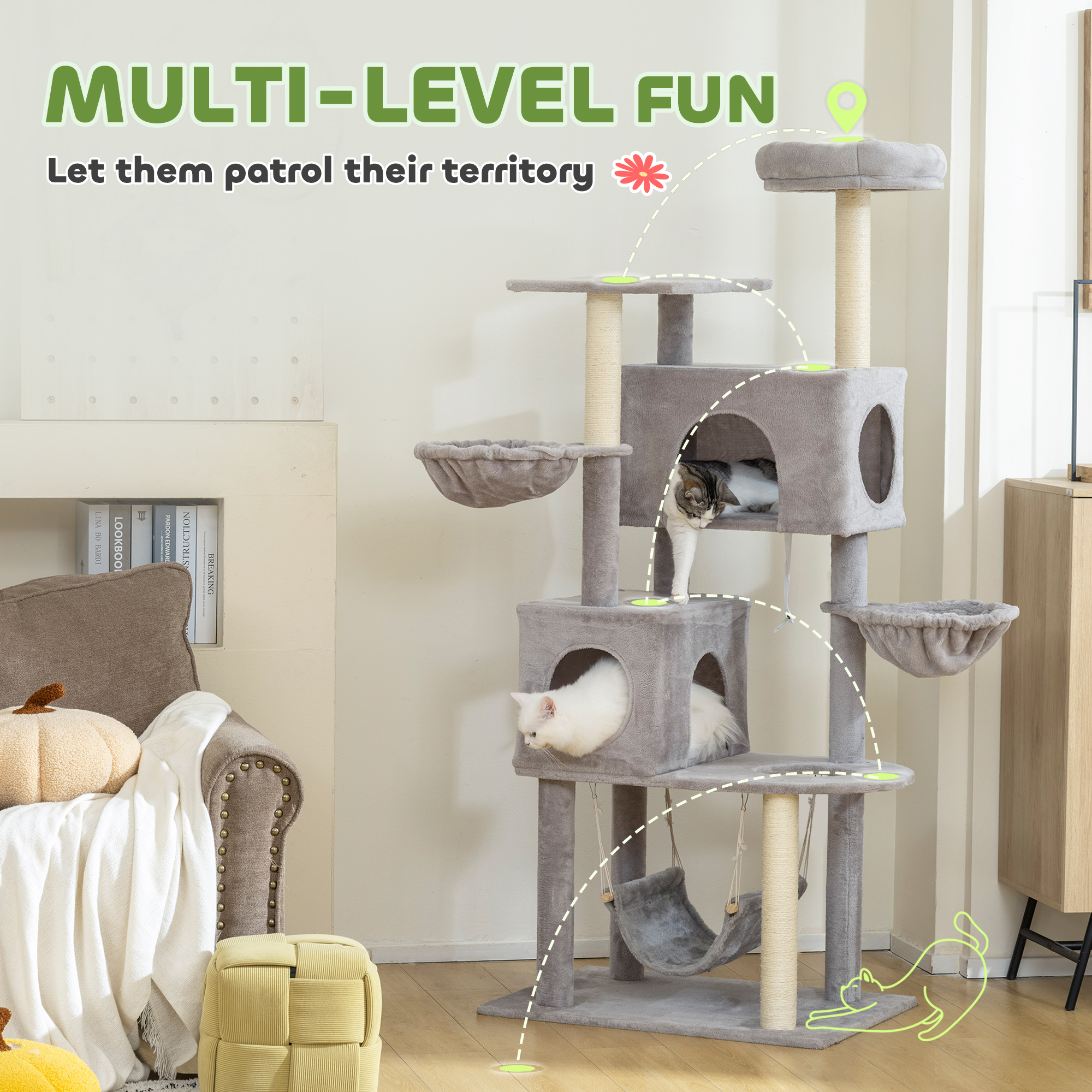 66 Inch Large Cat Tree with 2 Door Condos, 3 Big Hammocks, Plush Top Perch, Sisal Scratching Posts, Light Grey