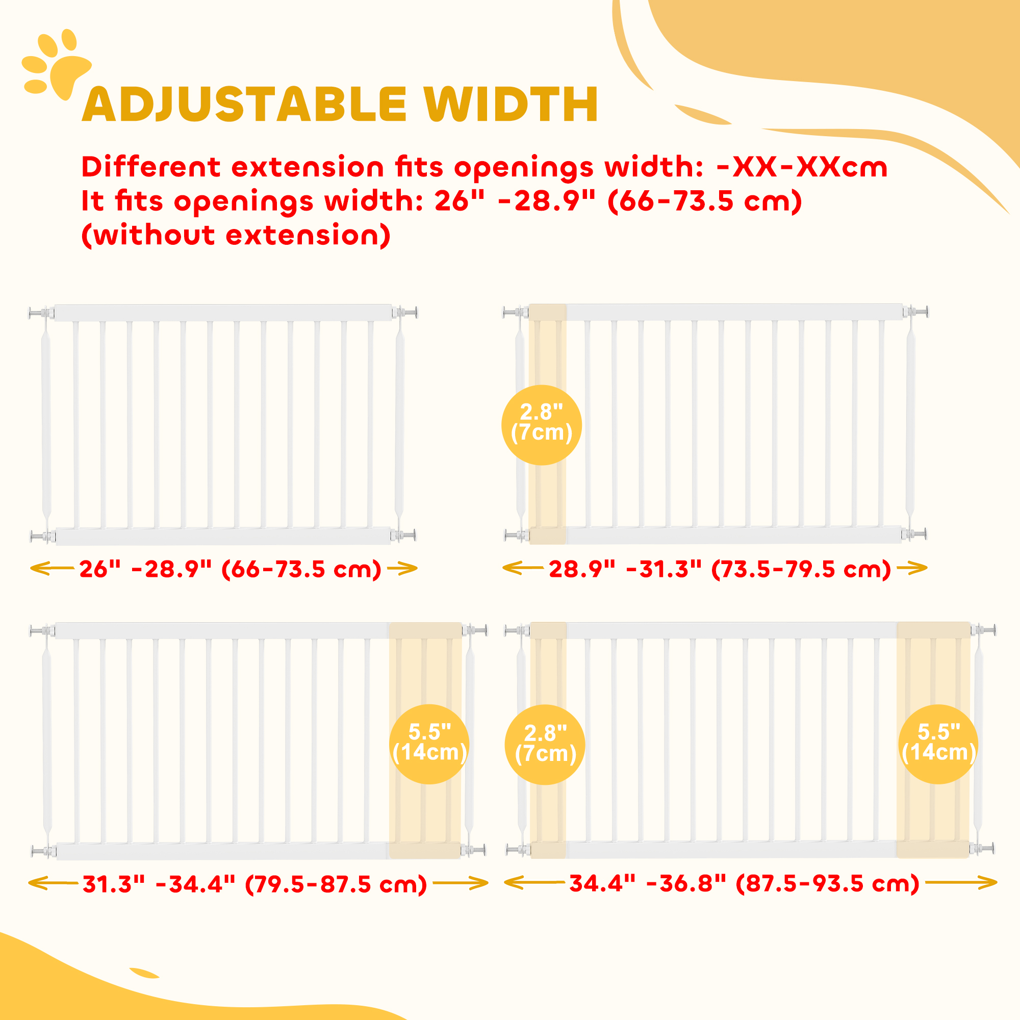 26"-37" Dog Gate, Adjustable Pet Gate, Fits 18" Tall with 2 Extension, Pressure Mount Kit for Stairs and Doorways, White