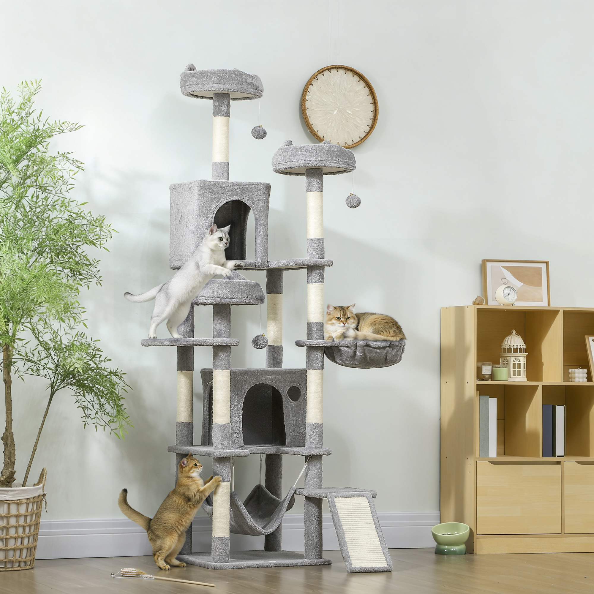 76" Large Cat Tree for Indoor Cats with 8 Scratching Posts, 3 Plush Beds, 2 Hammocks, 2 Large Condos, Ramp, Light Grey