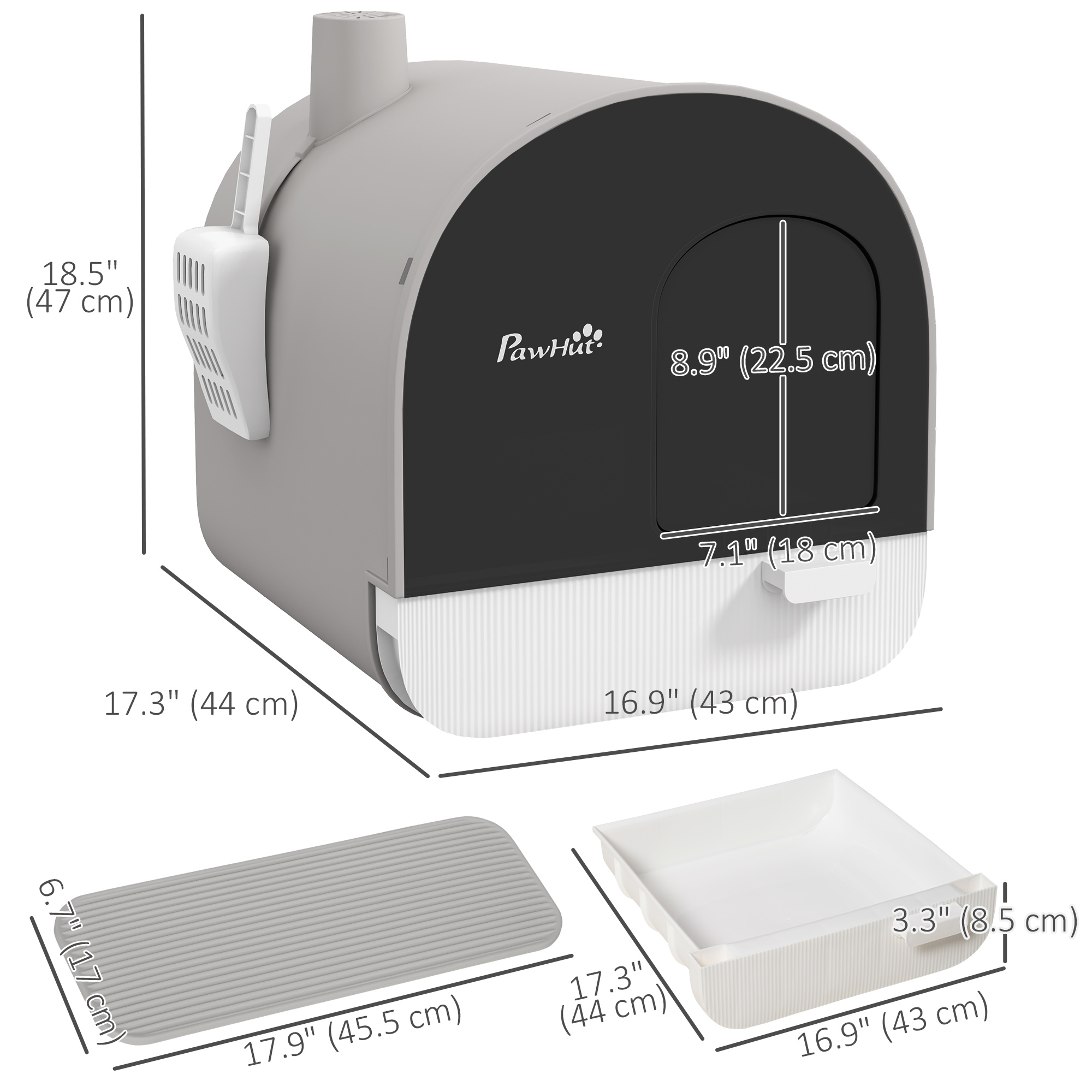 Cat Litter Box with Lid, Removable Tray, Scoop, Filter, Light Grey - Image 3