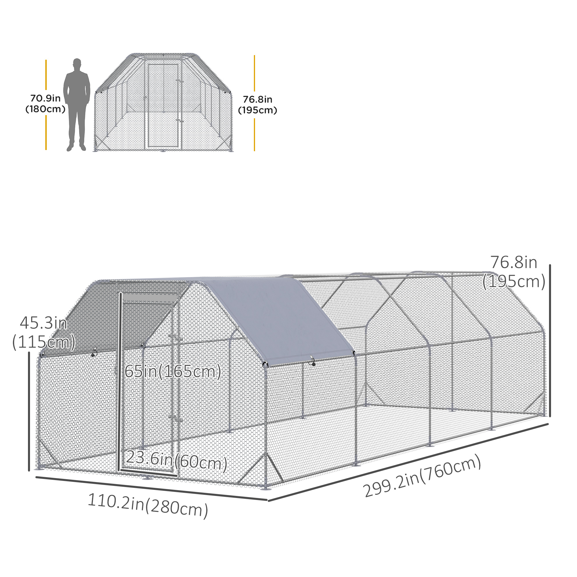 Chicken Run Outdoor, Galvanized Large Metal Chicken Coop Cage, Walk-in Enclosure Poultry Hen Run House Playpen Rabbit Hutch with Flat Roof, Cover, 9.2'x24.9'x6.5',Silver