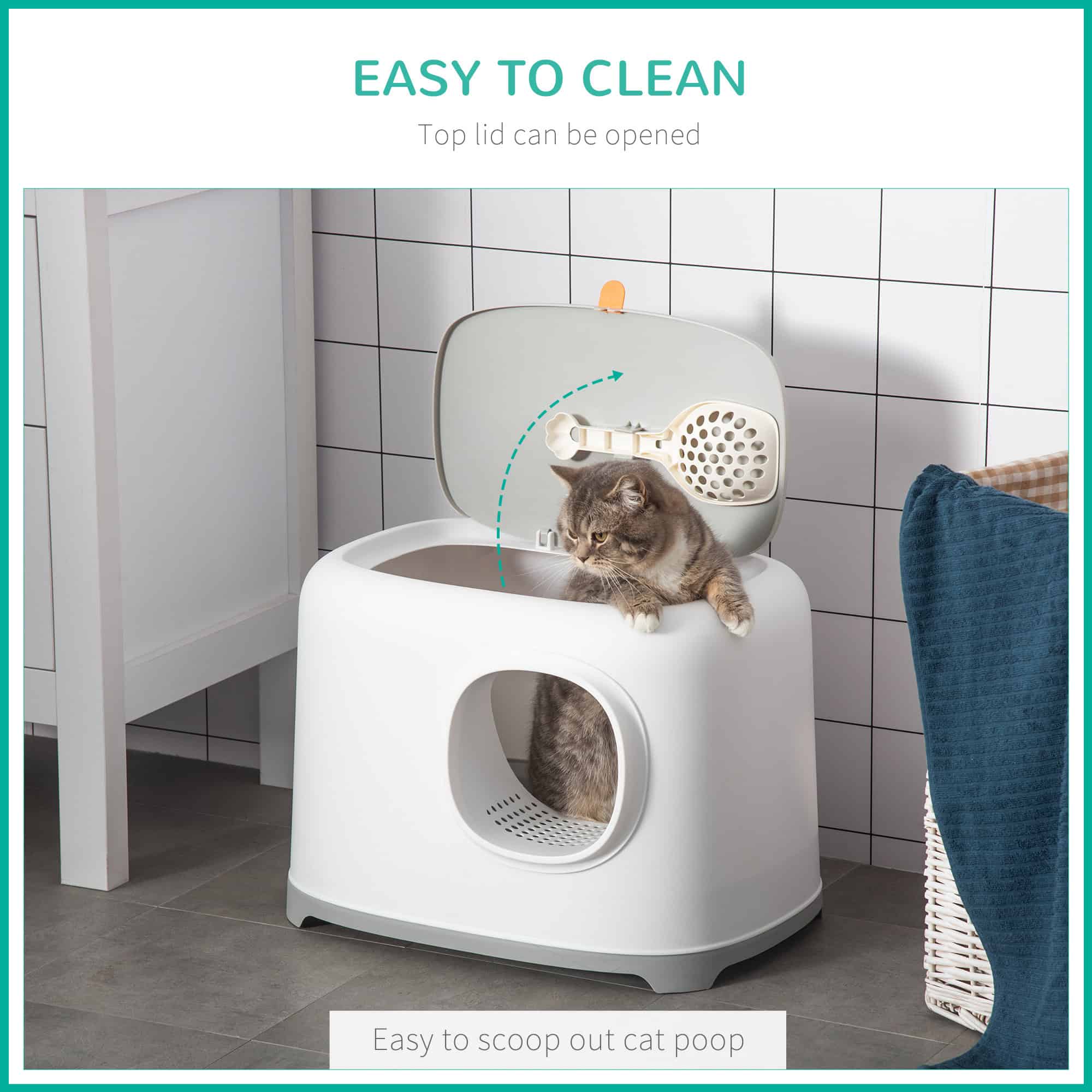 Cat Litter Box with Anti-Sand Tunnel, Scoop, Open Top, Odor Control & Easy to Clean, White