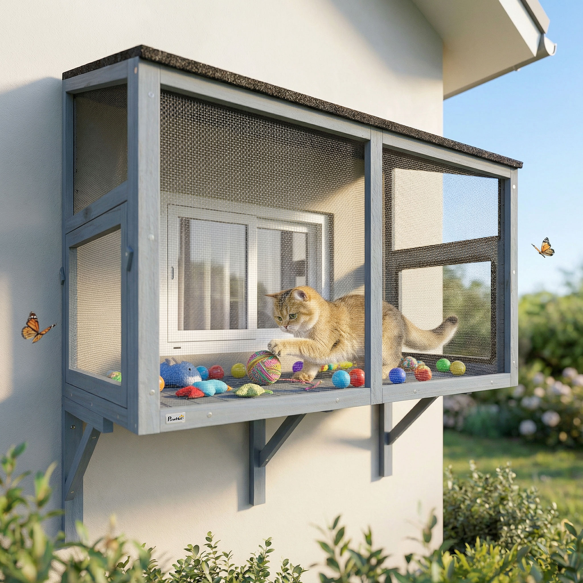 Catio Outdoor Cat Enclosure Expandable Wooden Cat House with 2 Doors for Window, 39.4"L