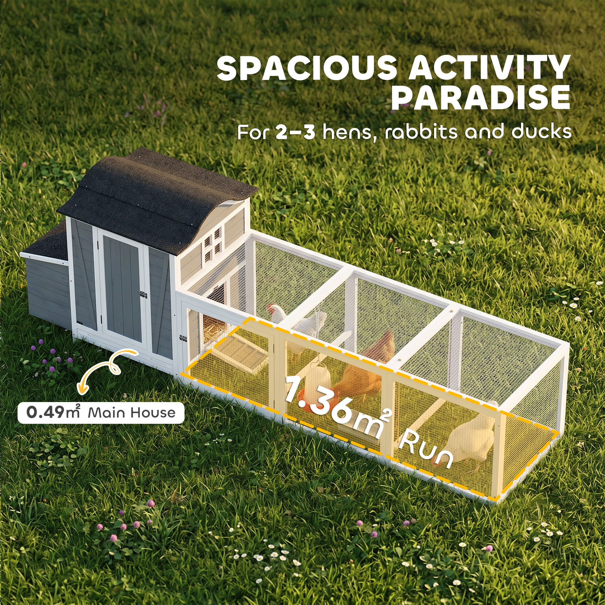 118"L Chicken Coop, Large Wooden Hen House with Run, Pull-Out Tray, Waterproof Roof, Nesting Box, Swing, Roosting Bars - Image 4