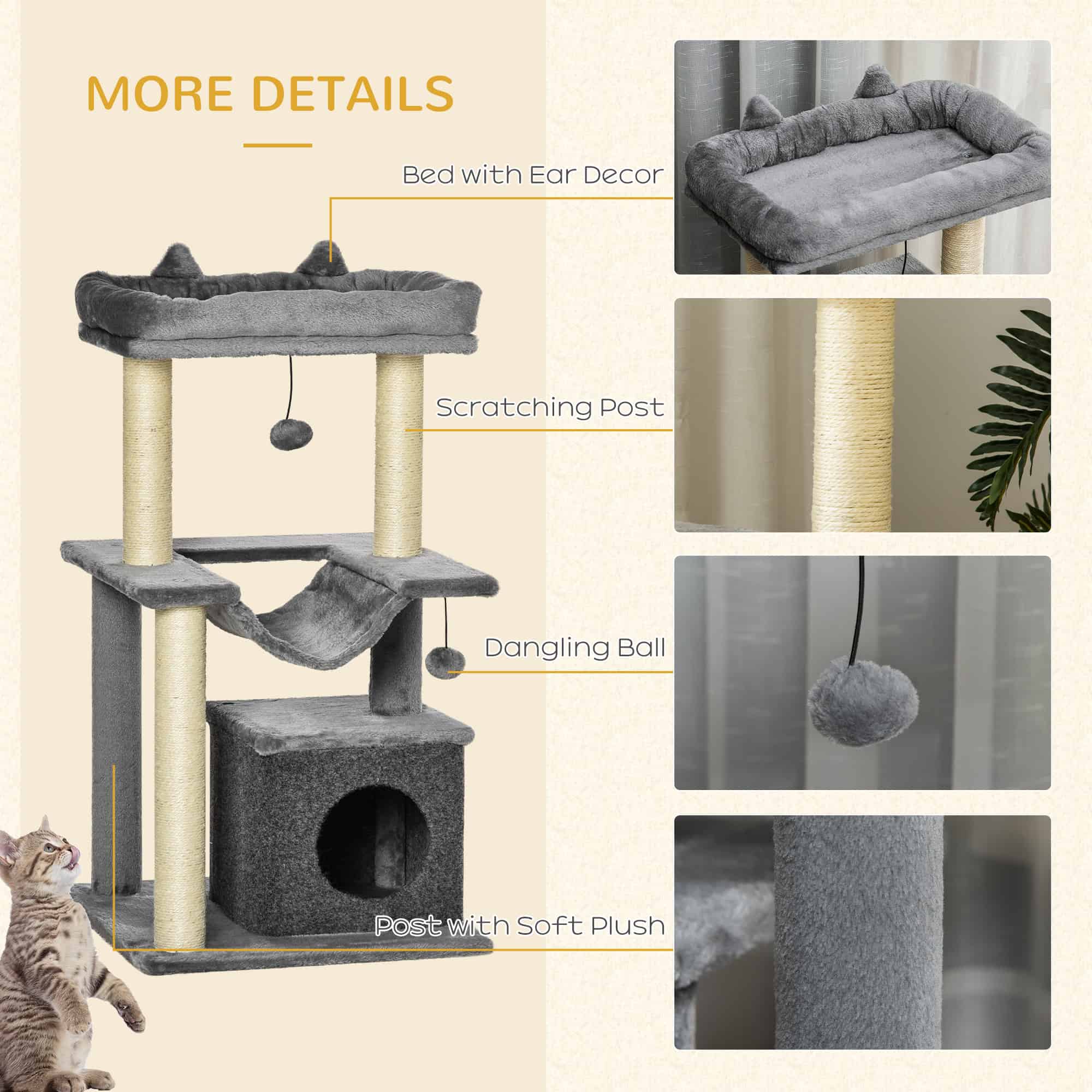 39.25'' Cat Tree Tower Multi-Level Kitten House with Scratching Post Condo Hammock Bed Ball Toy - Grey