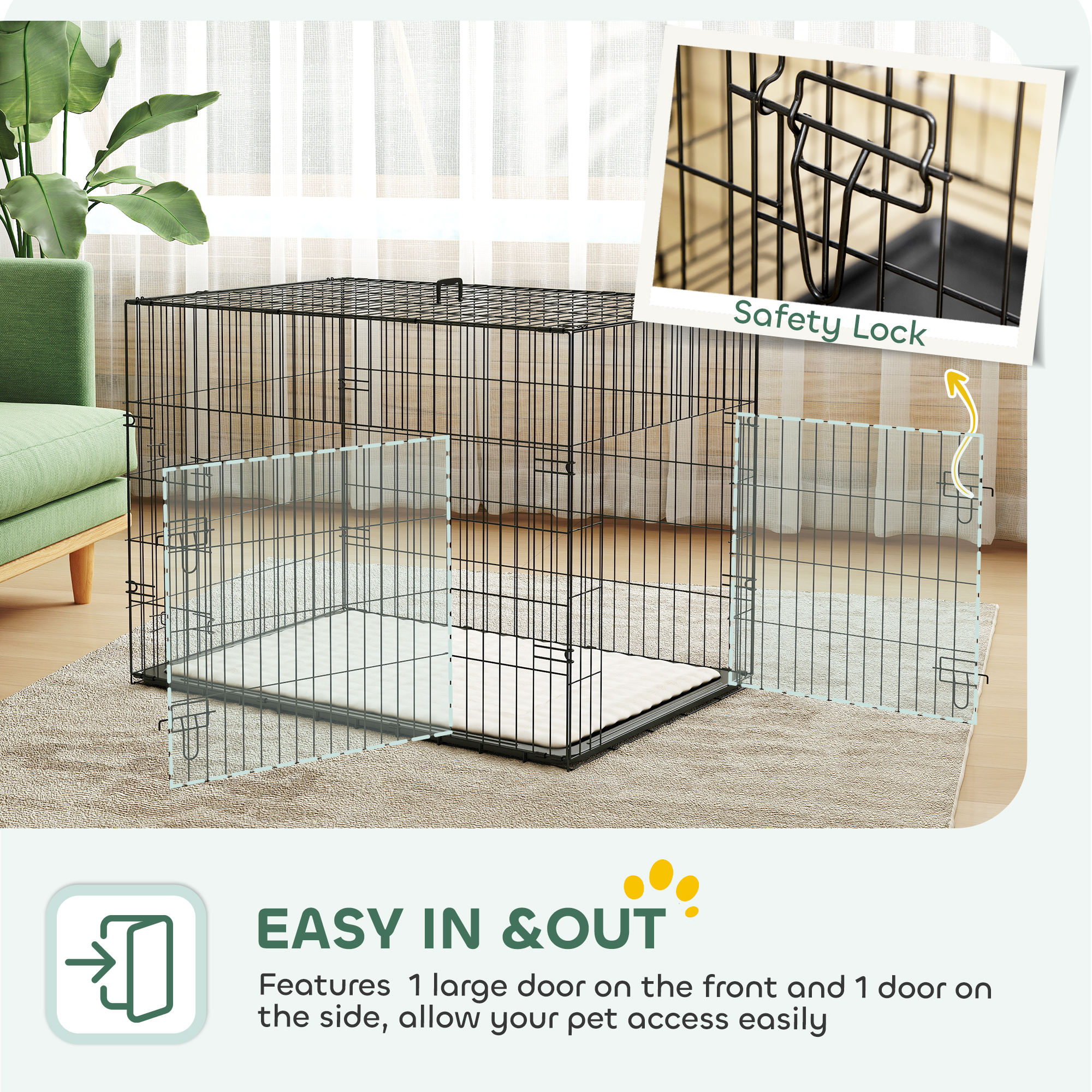 35" Dog Crate with 2 Doors, Folding Metal Dog Cage with Soft Cushion, Removable Tray, Handle, Black