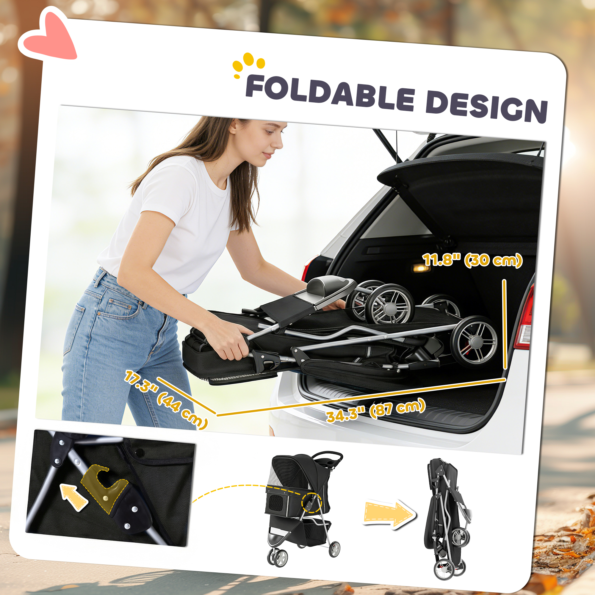 3 Wheels Foldable Dog Stroller with Storage Basket, Adjustable Canopy, Cupholder for Miniature and Small Dogs, Black - Image 5