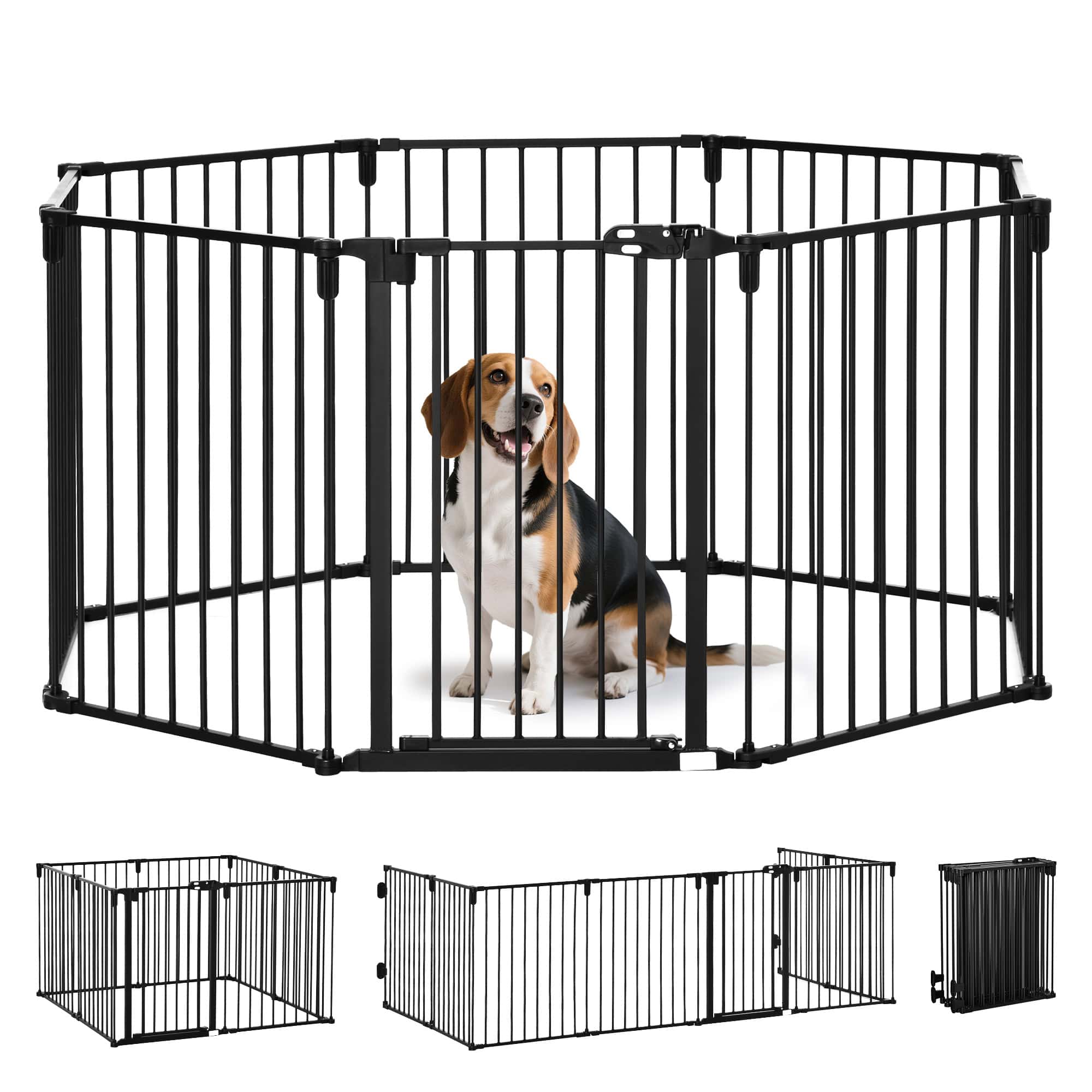 Dog Safety Gate 8-Panel Playpen Fireplace Christmas Tree Steel Fence Stair Barrier Room Divider Black