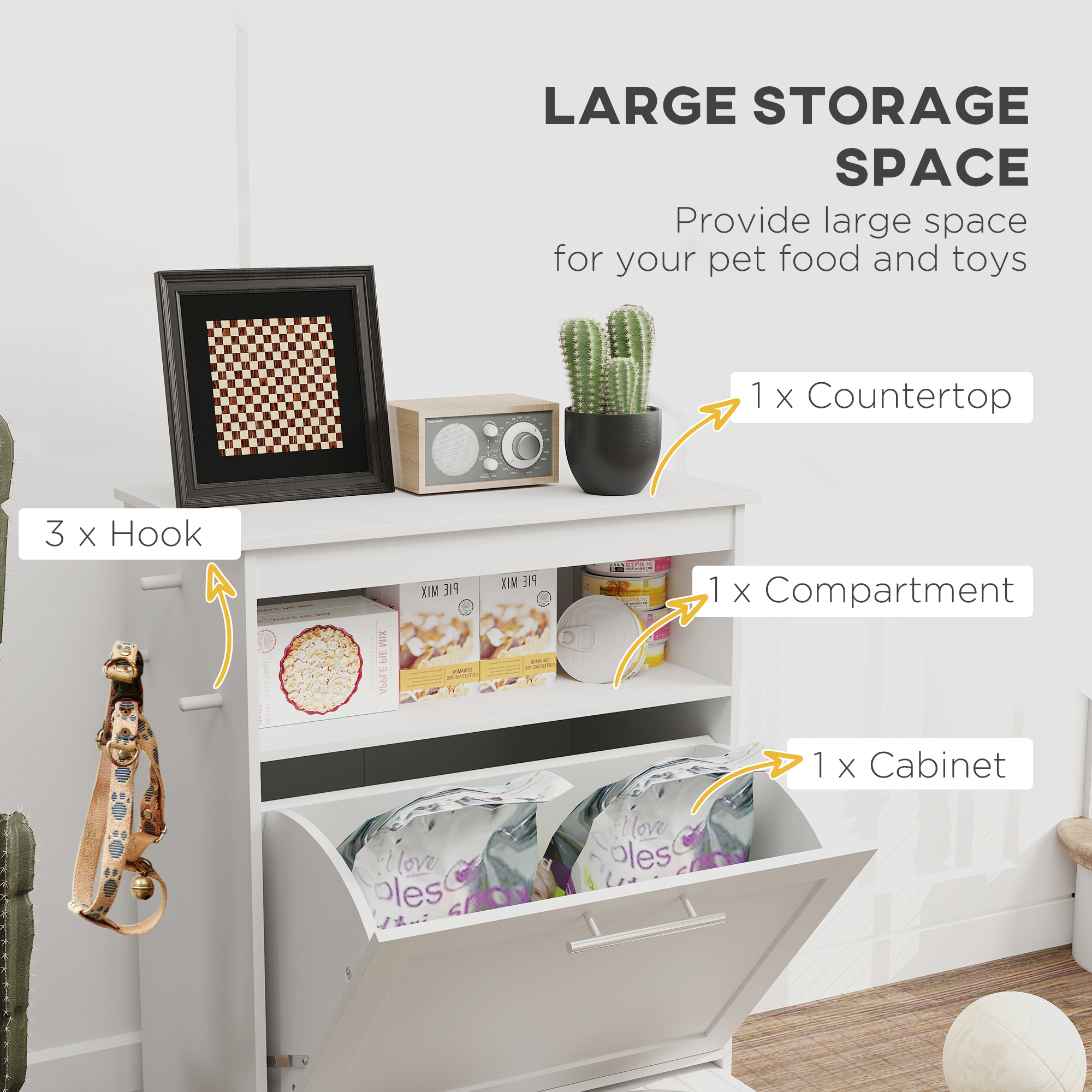 Pet Feeder Station Storage Cabinet, Dog Food Storage Container with Dog Raised Bowls, Watering Supplies, Gray