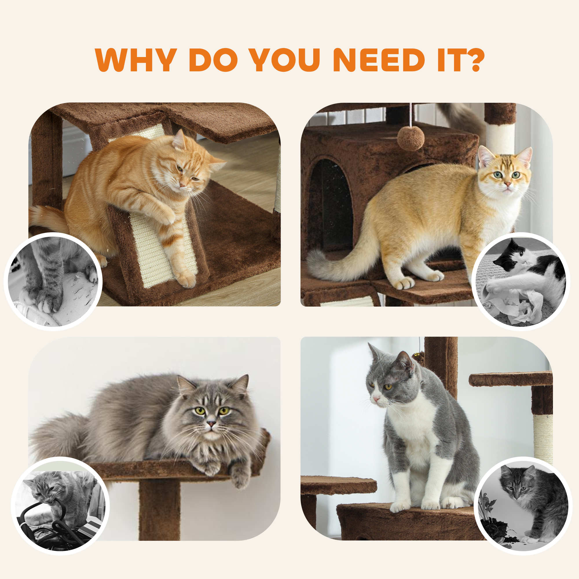 54" Cat Tree, Multi-Level Cat Tower with Scratching Posts, Cat Condos, Bed, Platforms, Ramp, Toy Ball, Light Brown