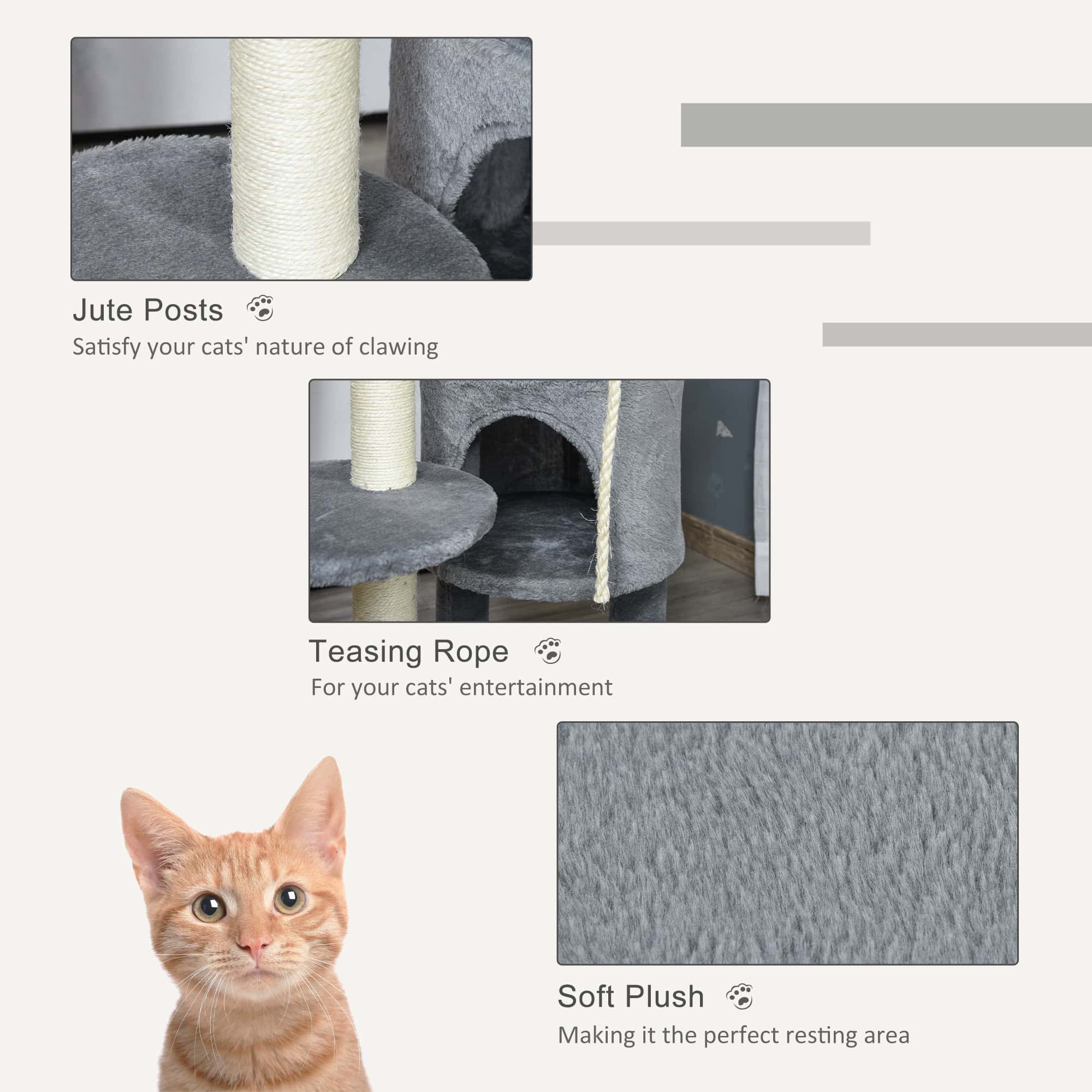 41" Cat Tree Tower Activity Center with Condo, Scratching Posts and Hanging Toys, Dark Grey