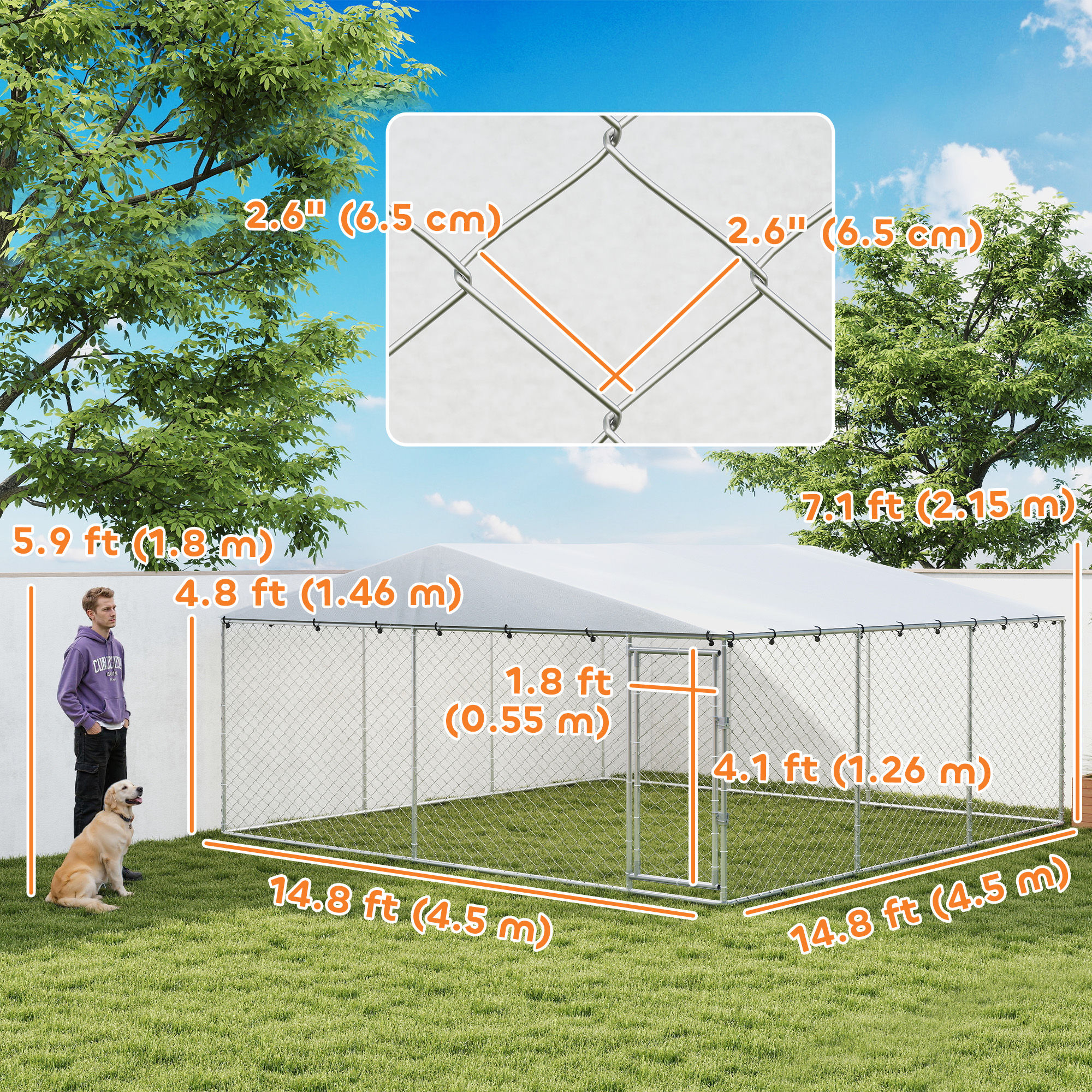 14.8' x 14.8' x 7.1' Dog Kennel Outdoor for Small Medium Large Dogs with Waterproof Cover, Silver