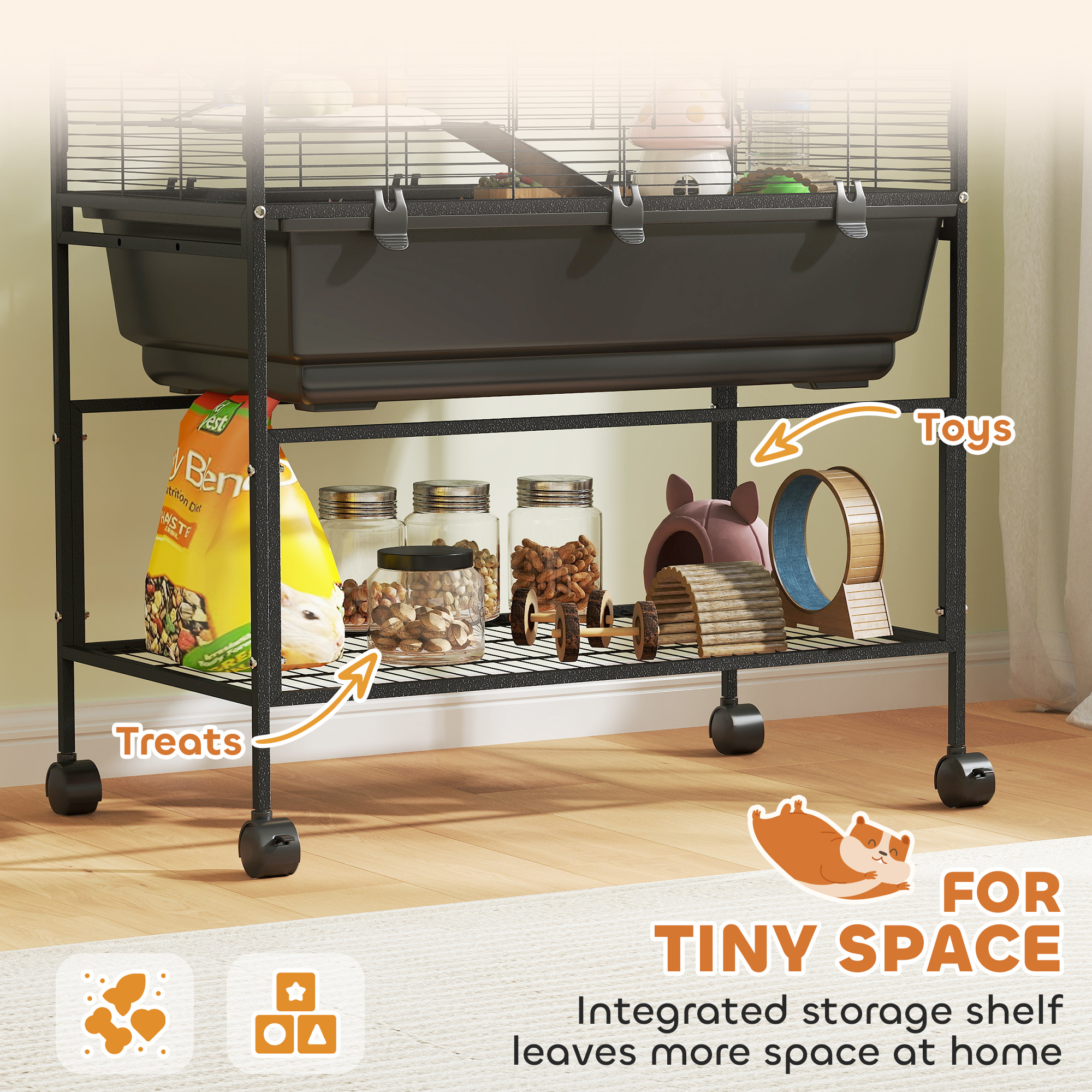 3 Tier Rolling Hamster Cage with 7" Deep Tray, Storage Shelf, Big Exercise Wheel, Tube System, for Syrian, Gerbil, Rat