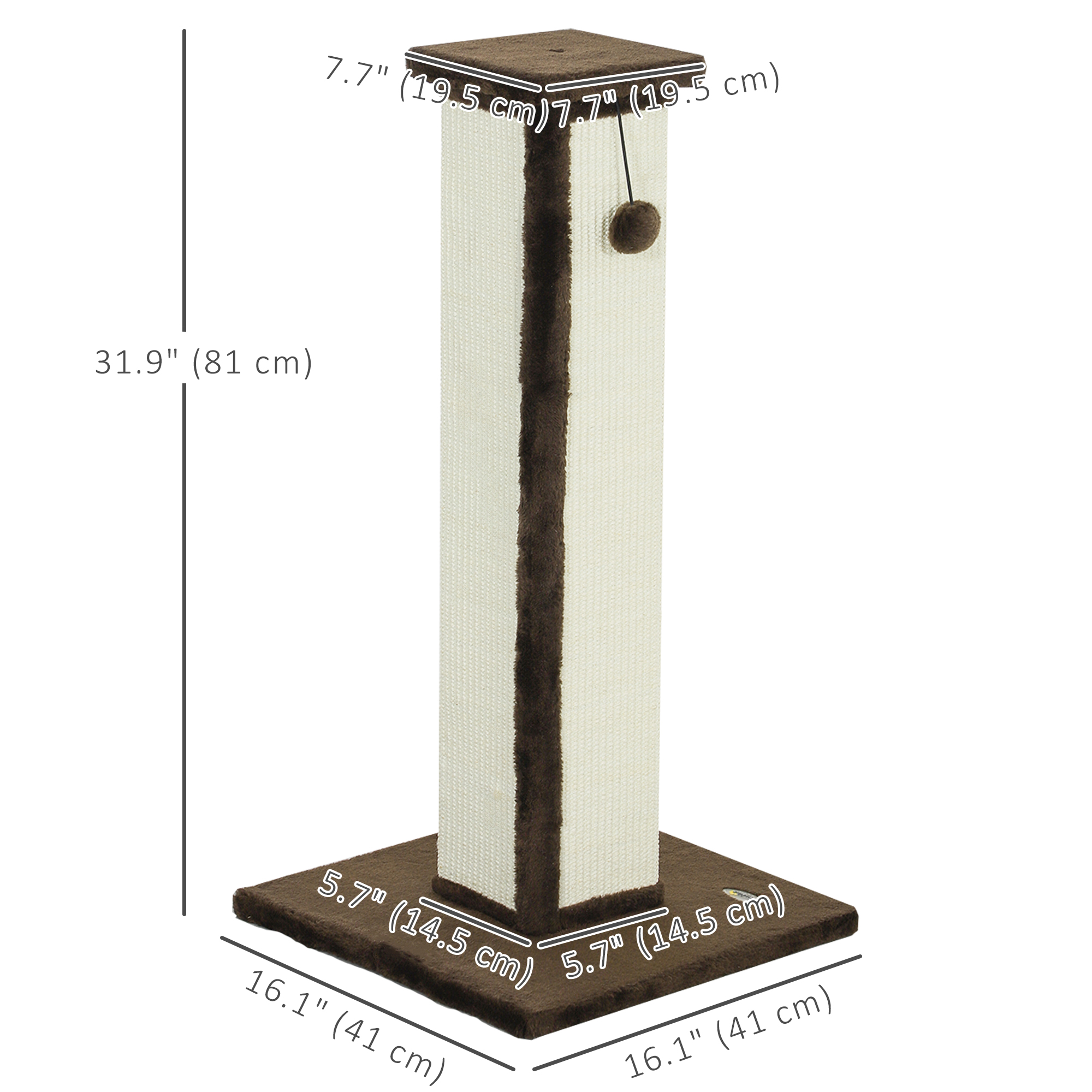 32" Tall Cat Scratching Post for Indoor Cats and Kittens, Sisal Cat Scratcher with Hanging Ball Soft Plush, Brown
