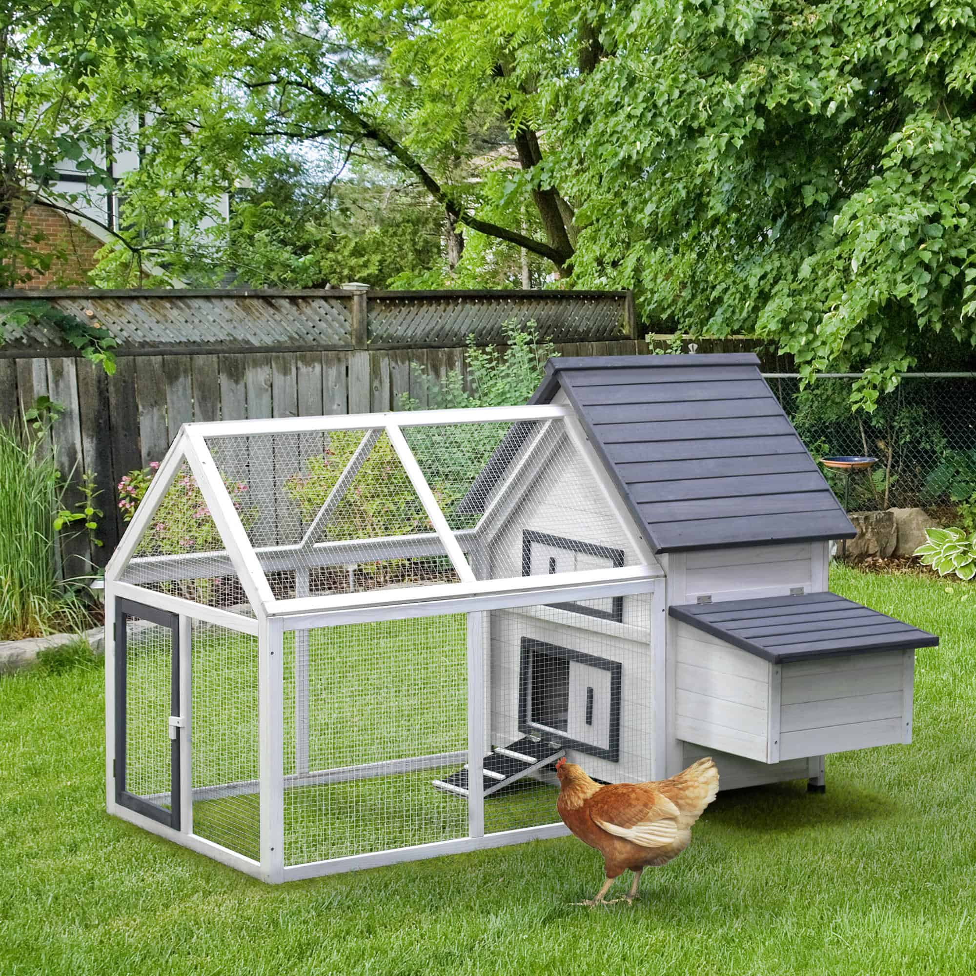 65" Chicken Coop Wooden Hen House Rabbit Hutch Poultry Cage Pen Outdoor Backyard with Nesting Box, Ramp, Run, and Ladder