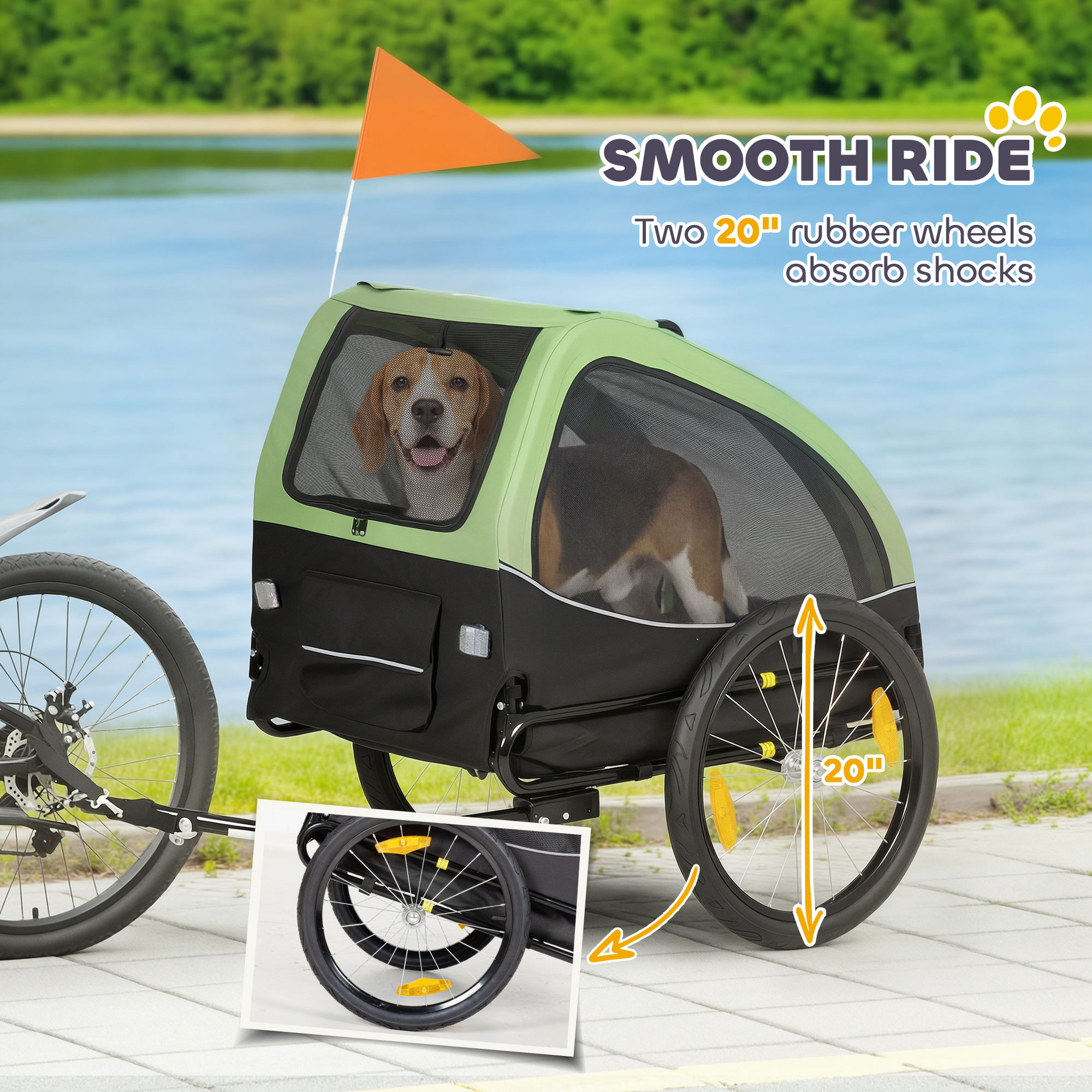 Dog Bike Trailer, Pet Cart Bicycle Wagon with 20" Wheels and Ventilated Windows, Portable Dog Trailer