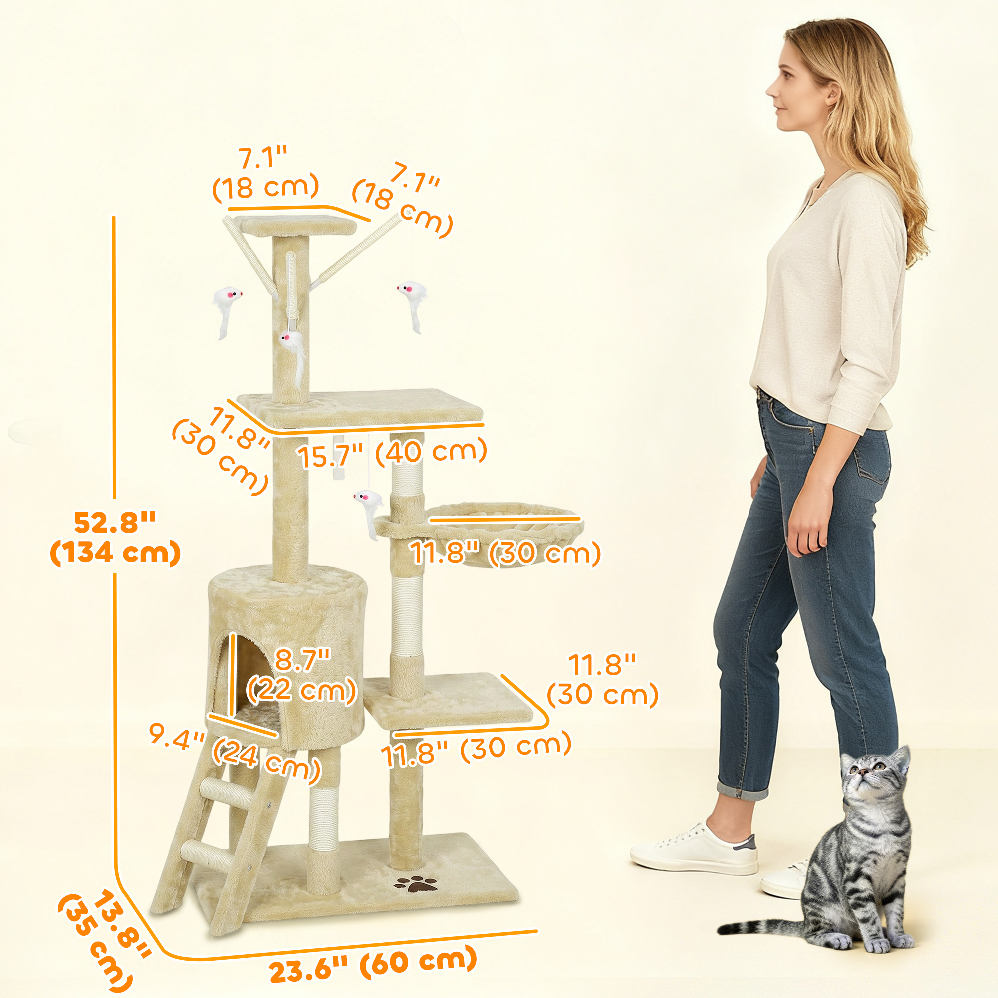 53" Cat Tree Tower, Kitten Activity Centre with Scratching Posts, Condo, Perches, Ladder, Hammock, Dangling Toys, Beige