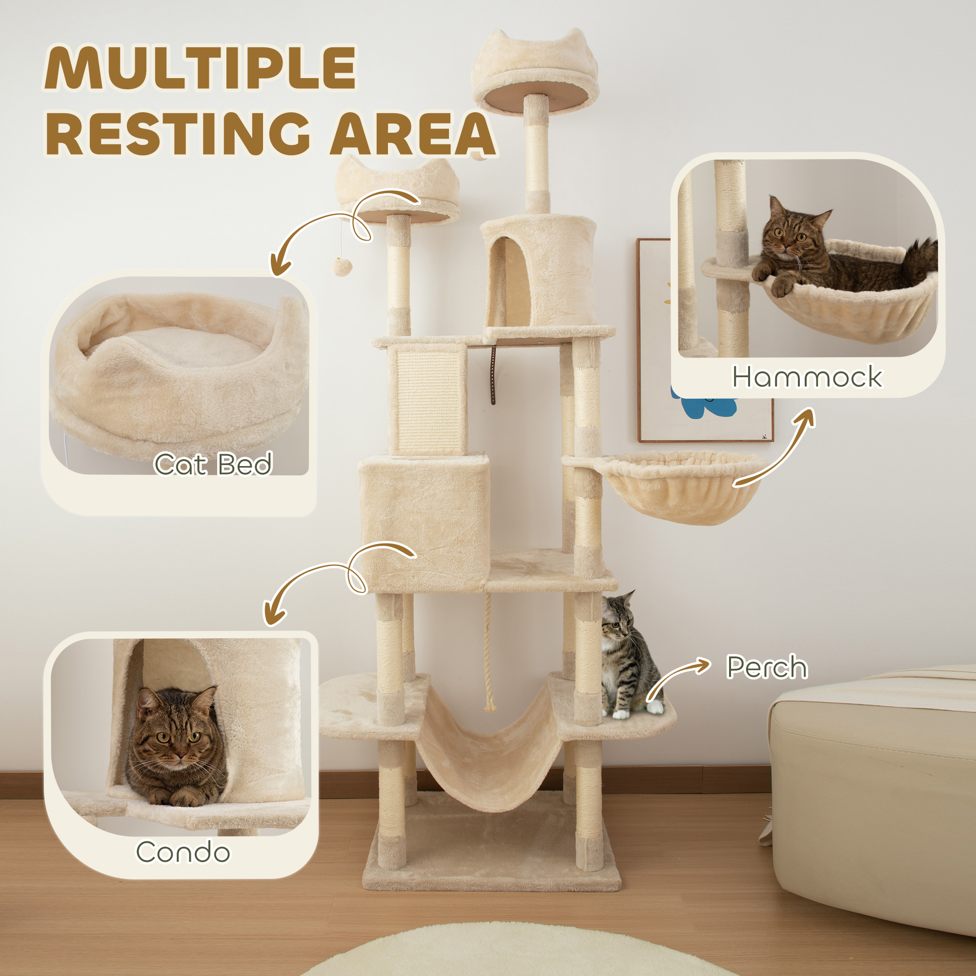 81" Large Cat Tree w/ Scratching Posts, Condos, Beds, Hammocks, Jumping Platforms, Toy Balls, Rope Cat Toy, Beige