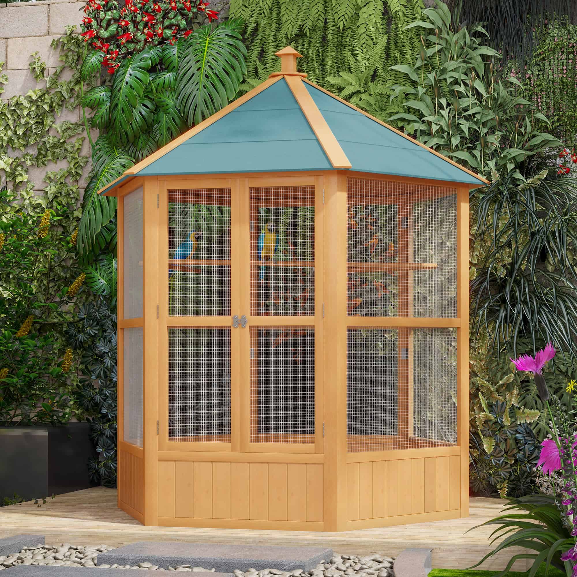 70"H Wooden Bird Cage Hexagonal Outdoor Aviary with Doors