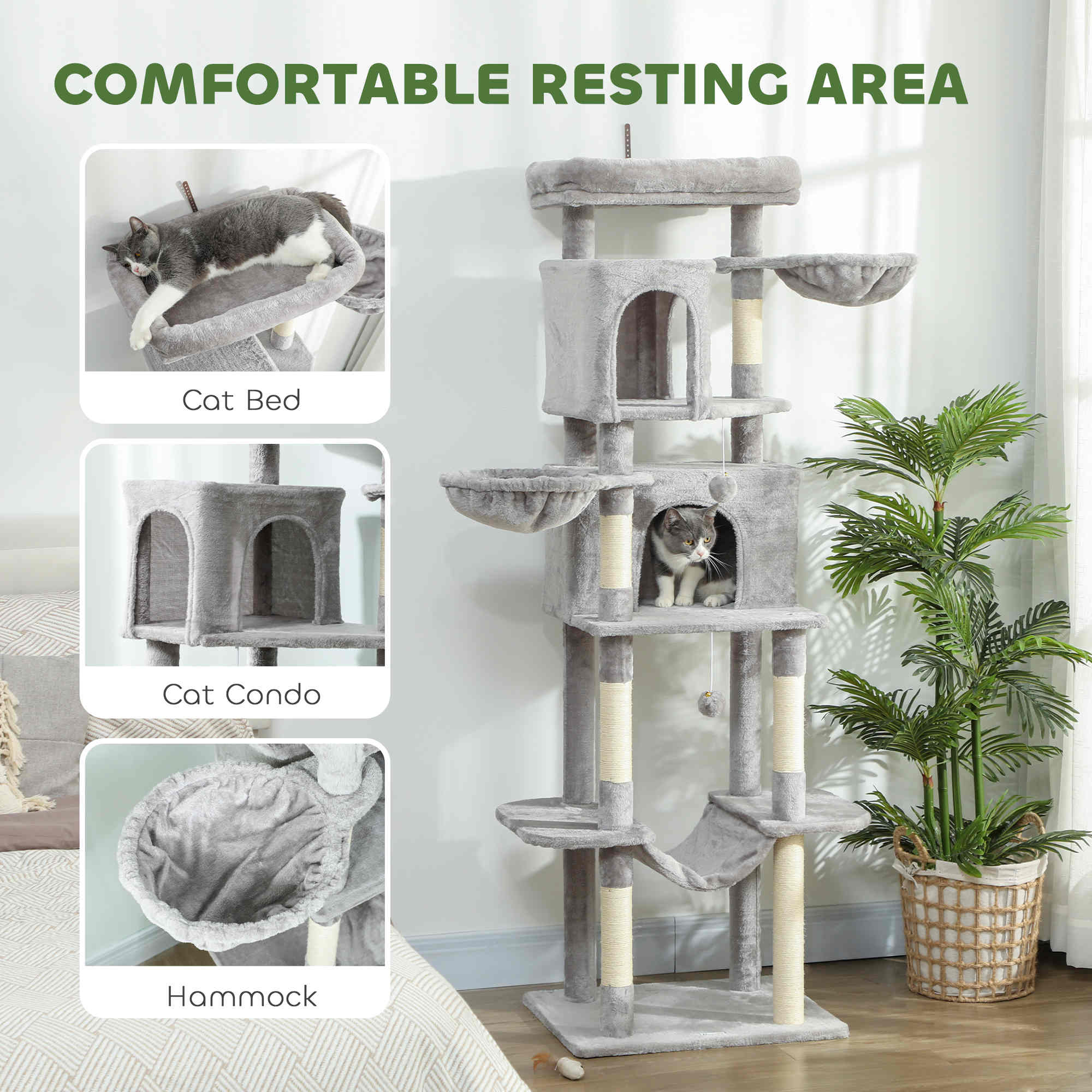 69" Cat Tree, Multi-Level Cat Tower with 2 Condos, Plush Perch and Sisal Scratching Posts, Light Grey