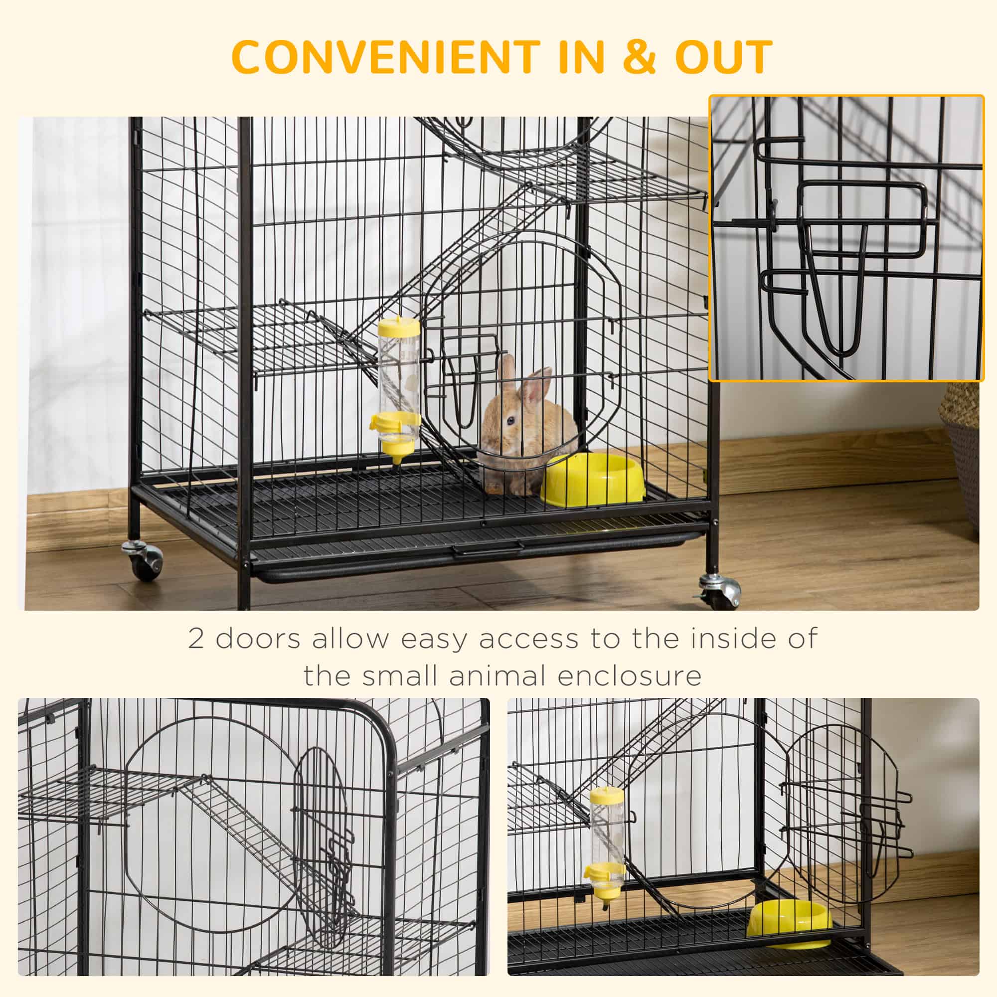 Rolling Small Animal Cage 36.6" Pet Rabbit Ferret Playpen, Animal Supply Kit Metal Black for Bunny, Pet Mink, Chinchilla - Image 7