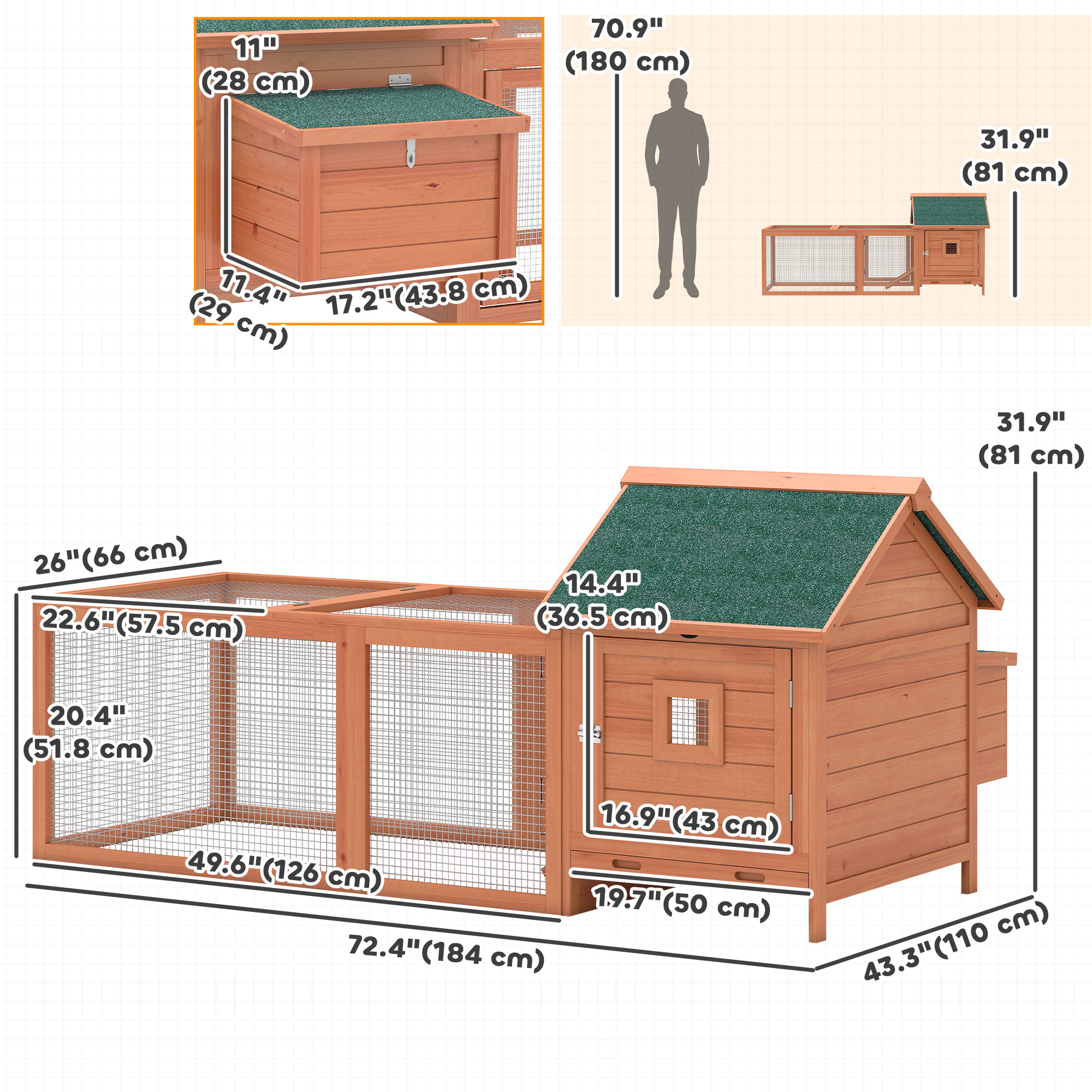 72" Chicken Coop, Wooden Hen House for 2 Chickens, Poultry Cage with Run, Nesting Box, Removable Tray, Waterproof Roof - Image 3