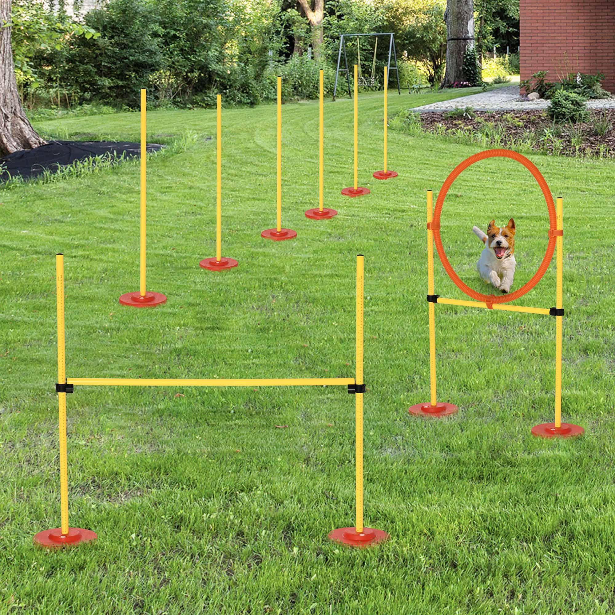 3PCs Portable Pet Agility Training Obstacle Set for Dogs w/ Adjustable Weave Pole, Jumping Ring, Adjustable High Jump