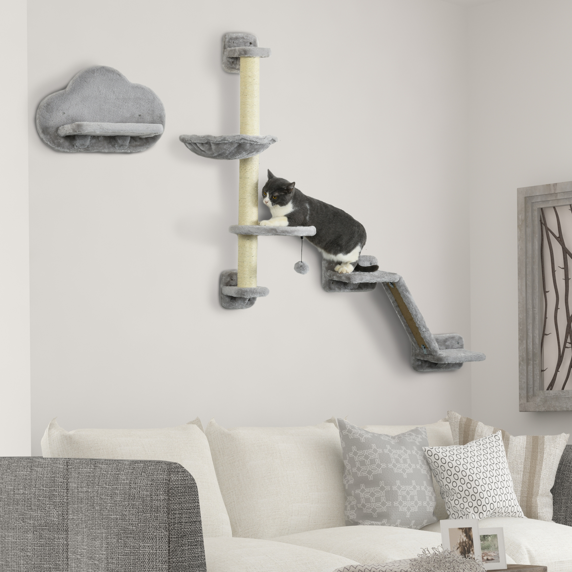 3PCs Cat Shelves with Hammock, Scratching Posts, Platforms, Grey
