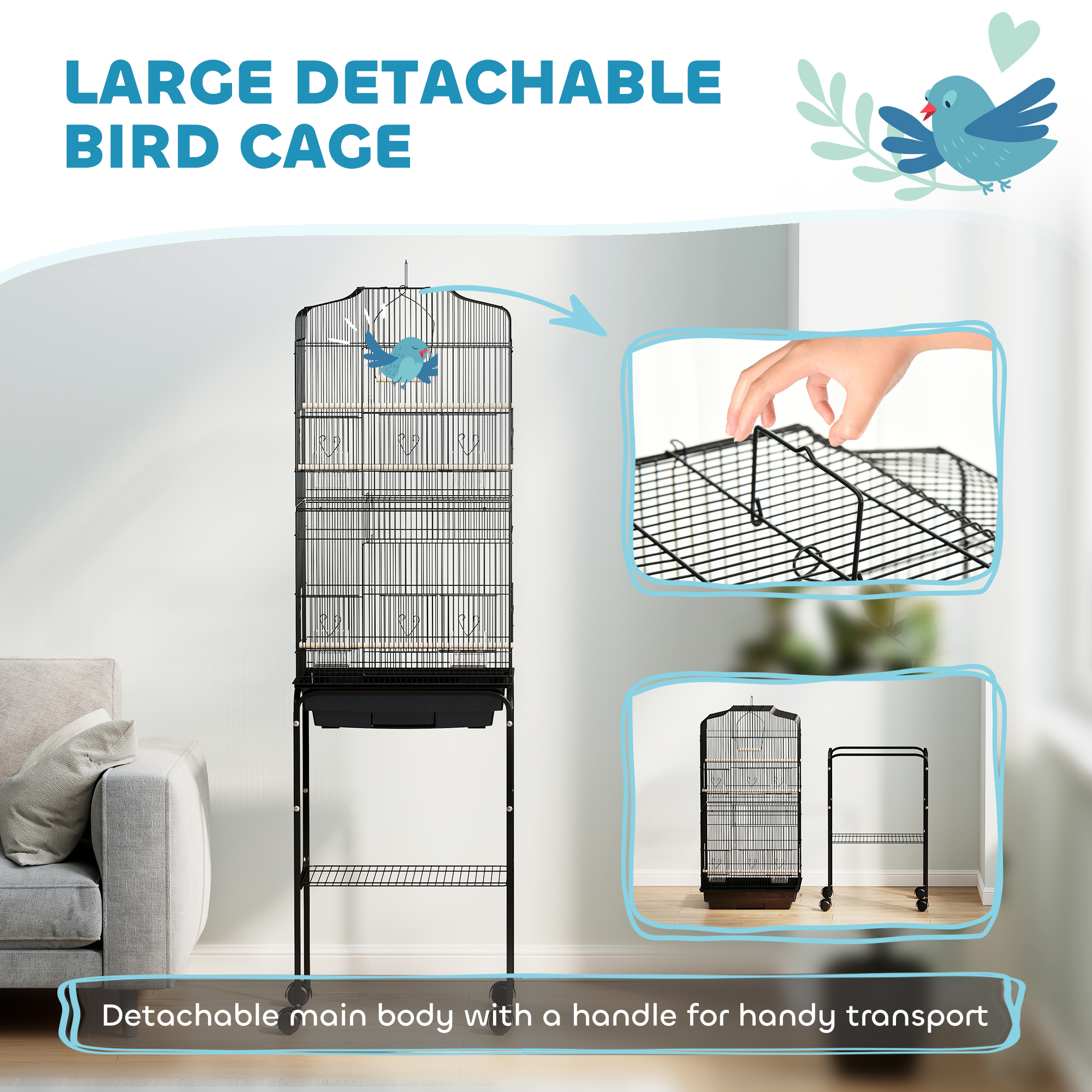 62" Rolling Bird Cage Cockatoo House Play Top Finch Pet Supply with Storage Shelf, Wheels - Black