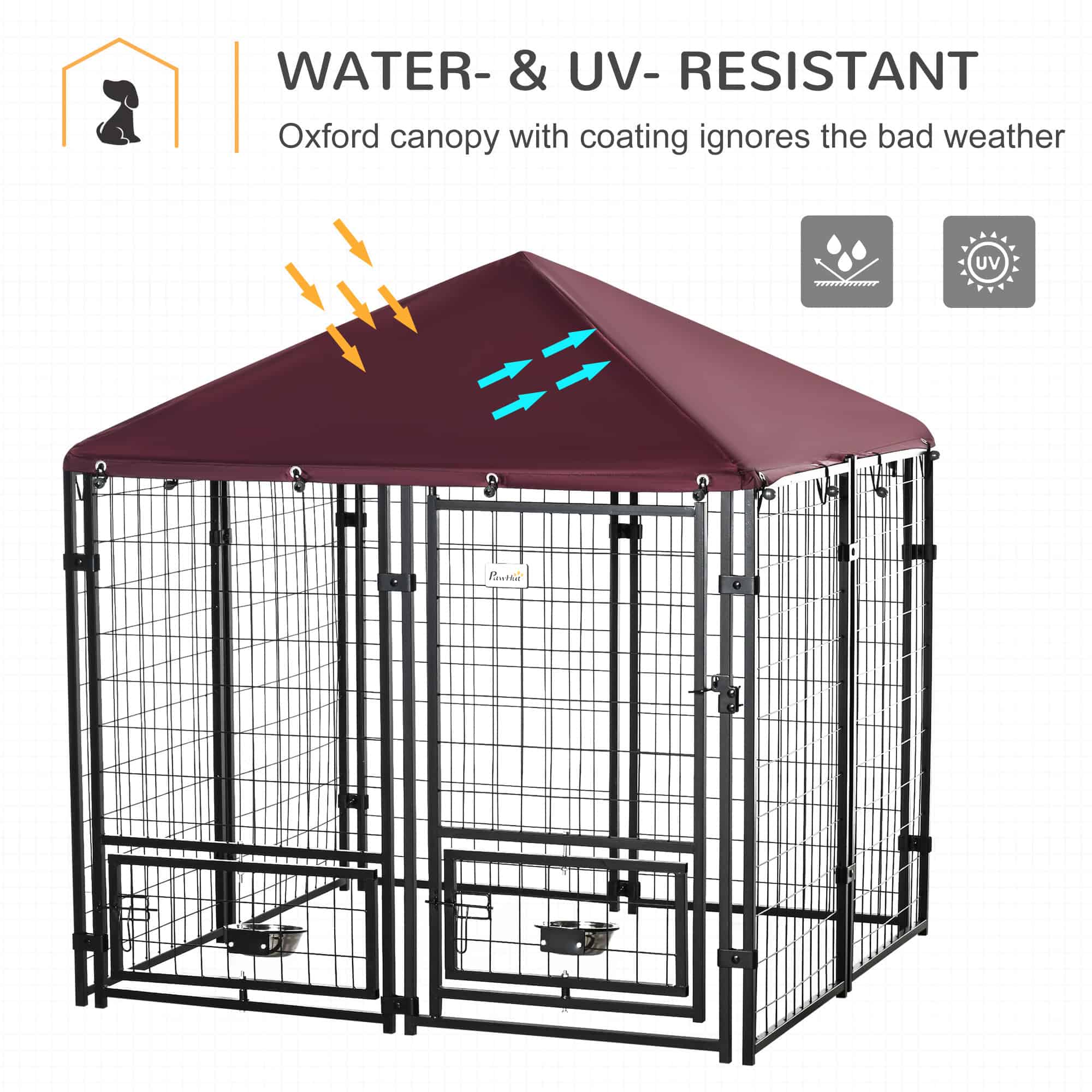 Outdoor Dog Kennel, Lockable Pet Playpen Crate, Welded Wire Steel Fence, Rotating Bowl Holders, Red