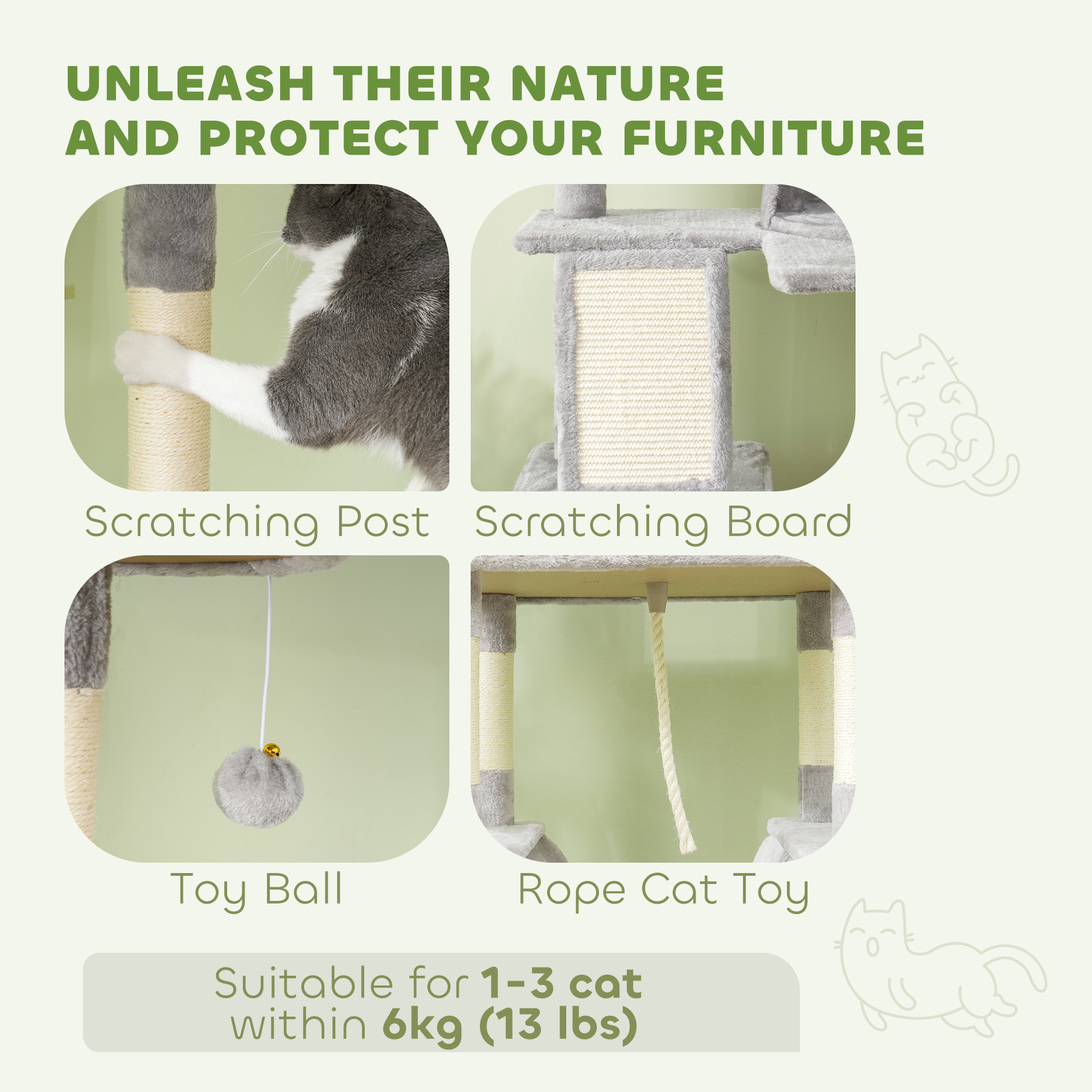 81" Large Cat Tree w/ Scratching Posts, Condos, Beds, Hammocks, Jumping Platforms, Toy Balls, Rope Cat Toy, Light Grey