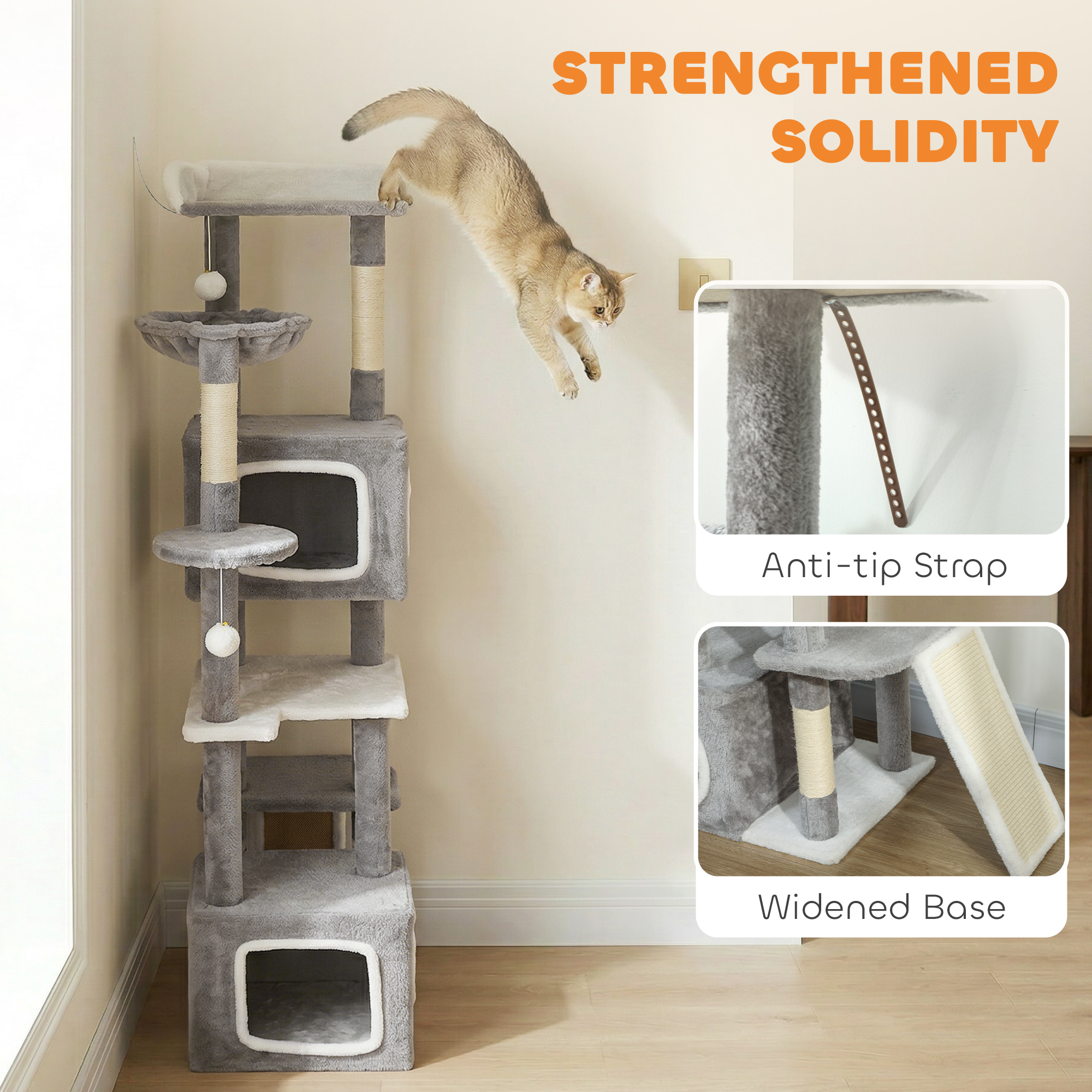 65 Inch Cat Tree with 2 Doors Condos, Plush Top Perch, Hammock, Sisal Scratching Posts, 4 Pompoms, Ramp, Grey - Image 7
