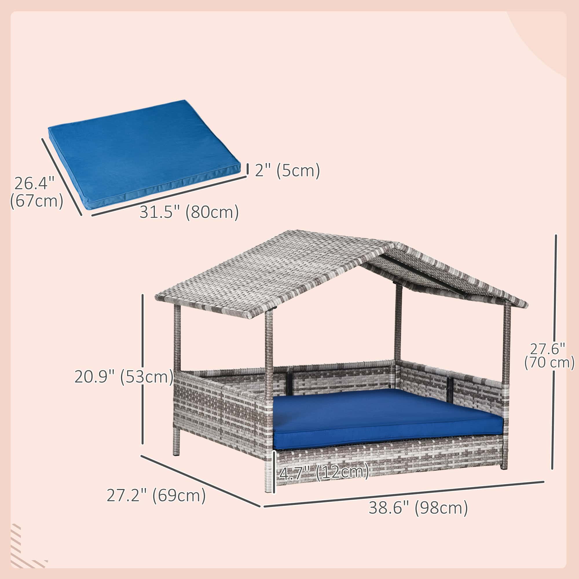 Rattan Dog House with Canopy, Wicker Dog Bed with Water-Resistant Cushion, for Small and Medium Breeds Dark Blue