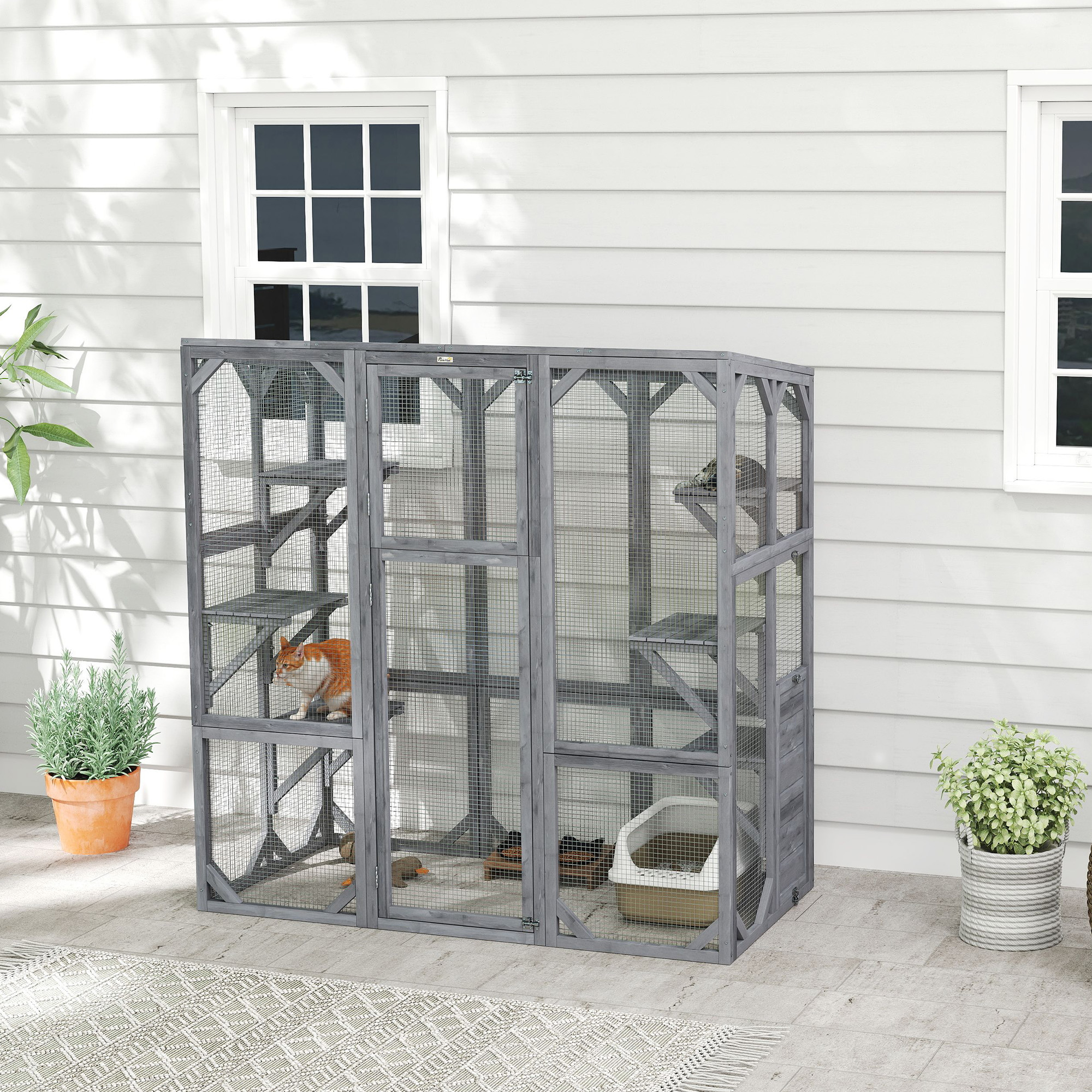 Outdoor Cat Enclosure with 6 Jumping Platforms, Weatherproof Roof, Large Front Door for 1-3 Cats, 59" x 28" x 60", Grey