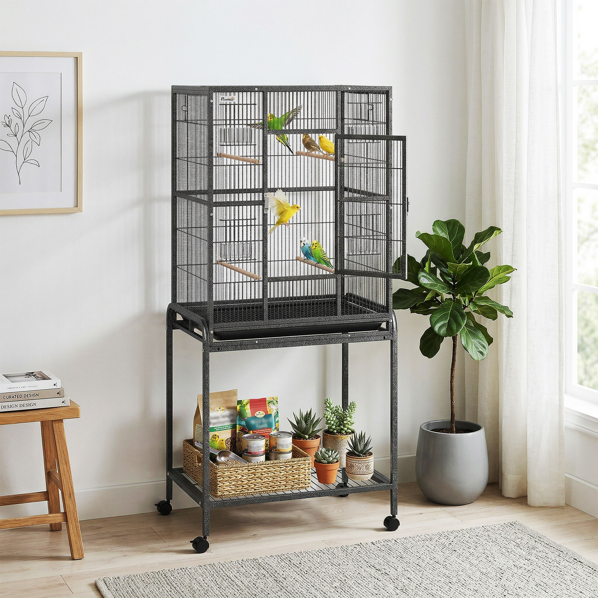 56"H Bird Cage, Parrot Cage w/ Detachable Rolling Stand, Removable Tray, Storage Shelf, Perches, Food Container