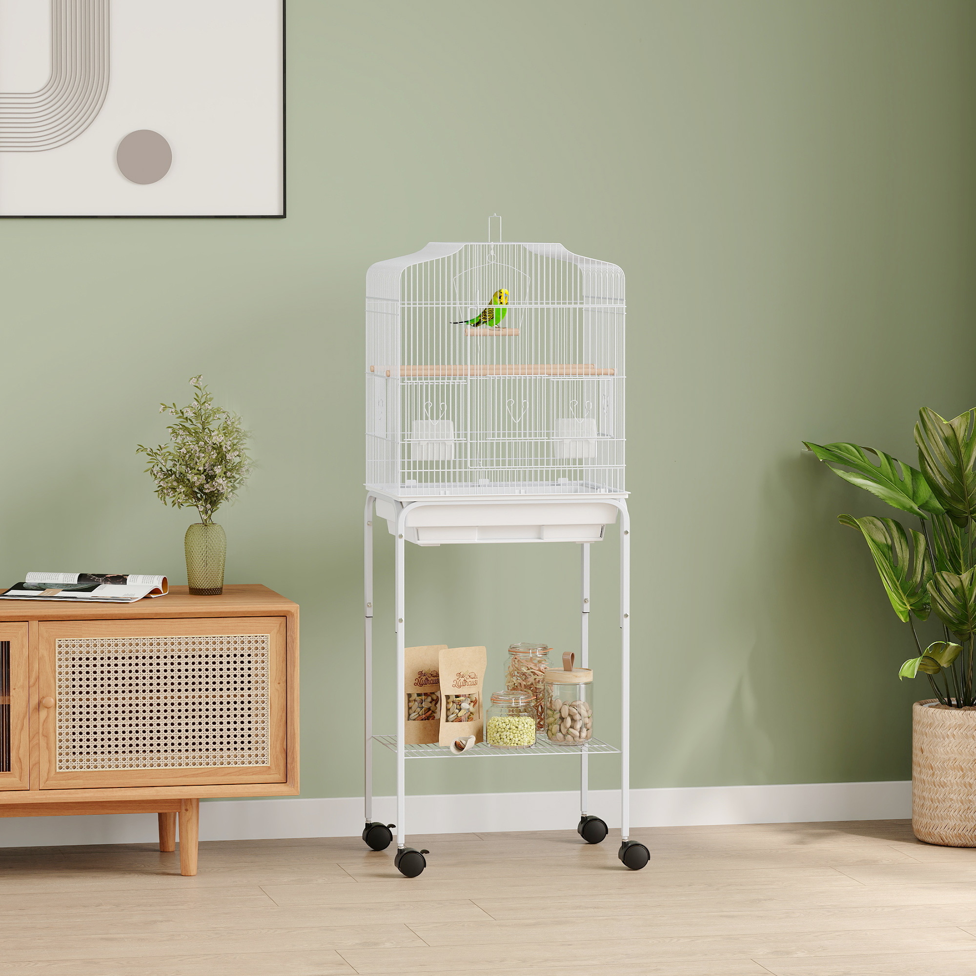 49" Rolling Bird Cage Cockatoo House Play Top Finch Pet Supply with Storage Shelf, Wheels - White - Image 8